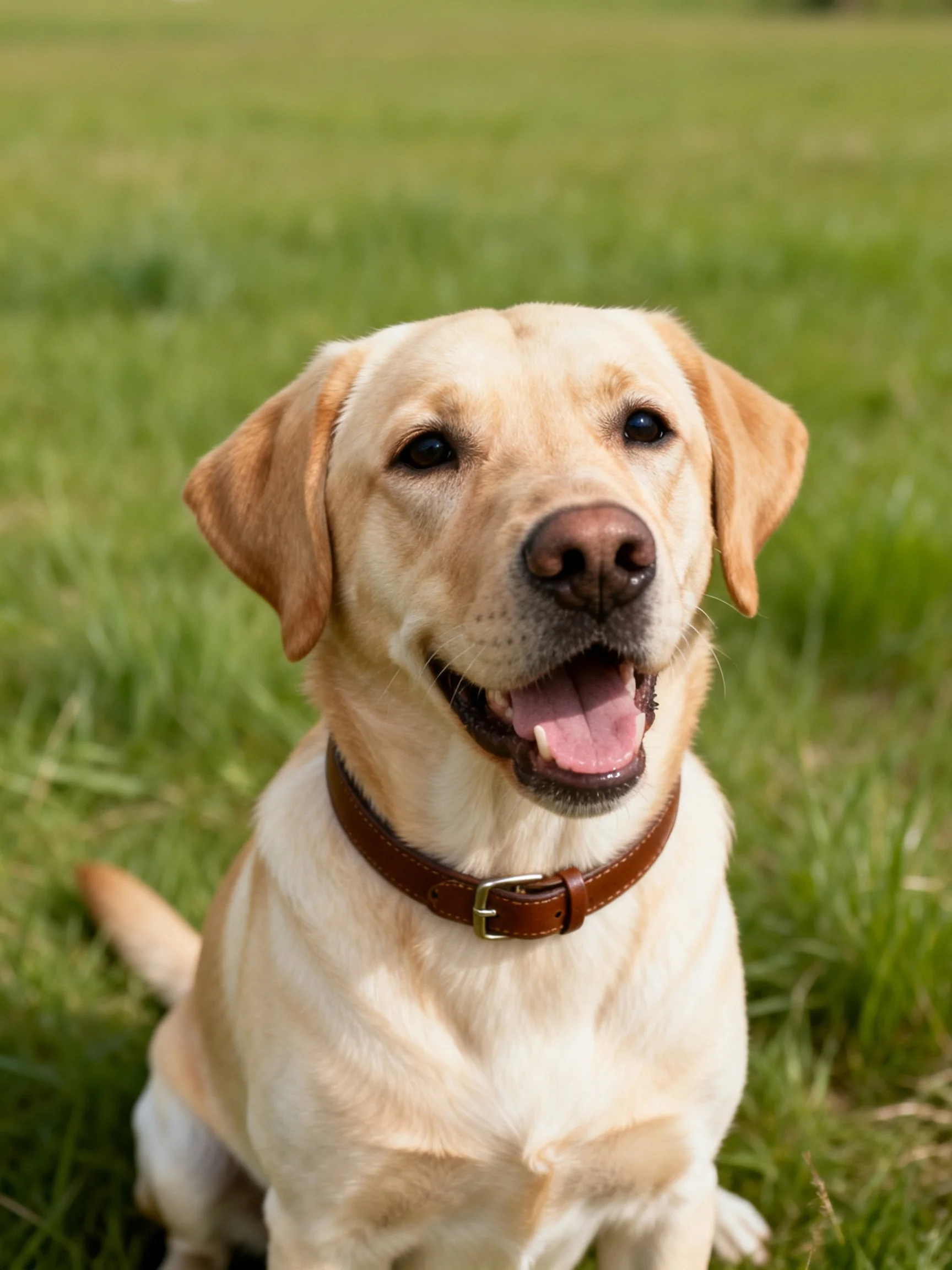 A yellow Labrador Retriever sits happily on green grass.