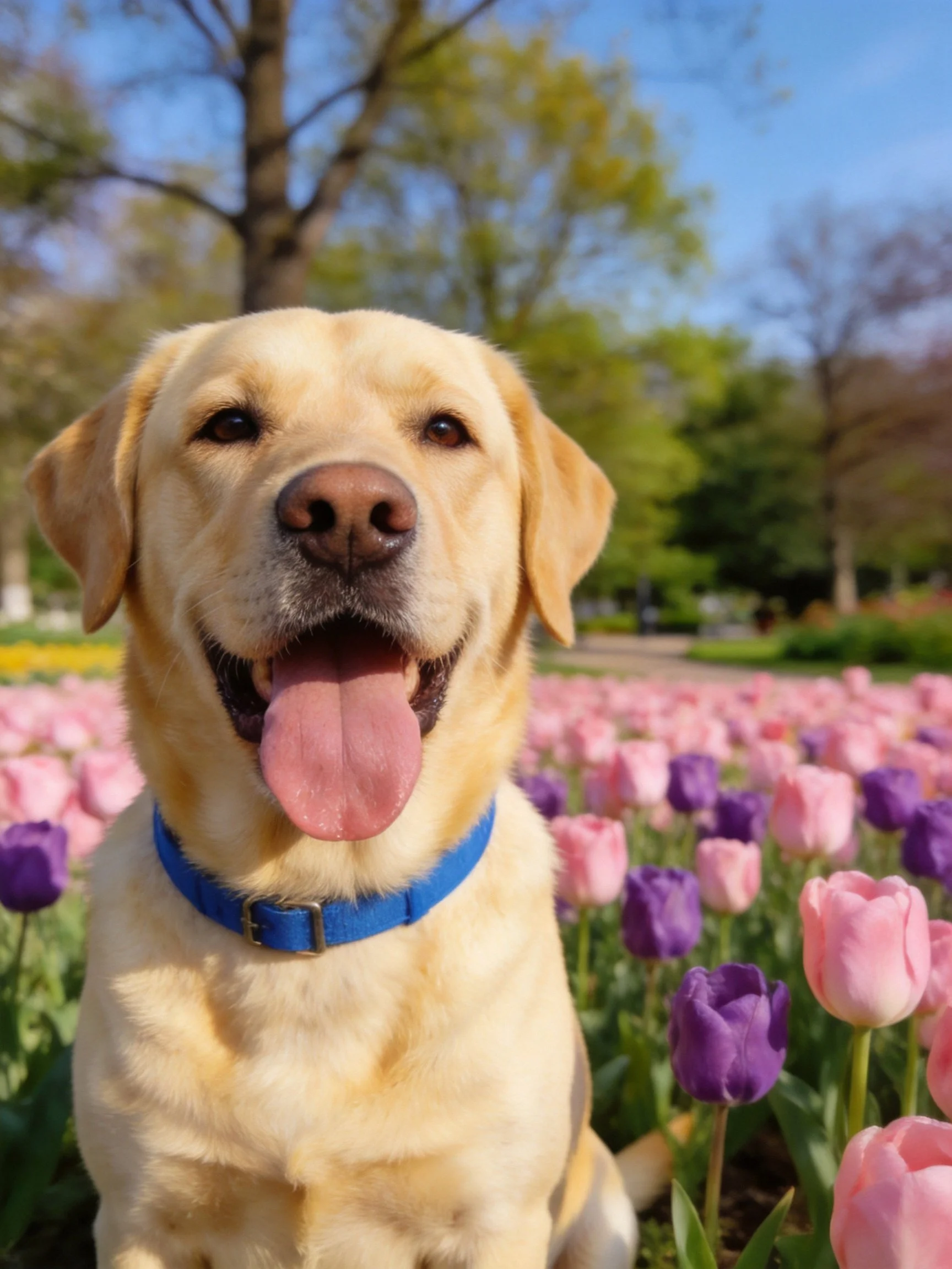 A joyful yellow Labrador rests amid vibrant tulips in a sunlit park.