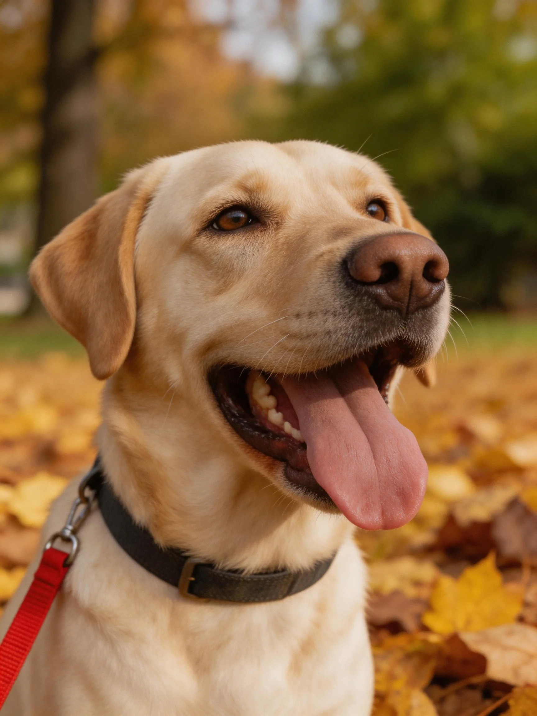 A happy yellow Labrador enjoys time among fallen autumn leaves.