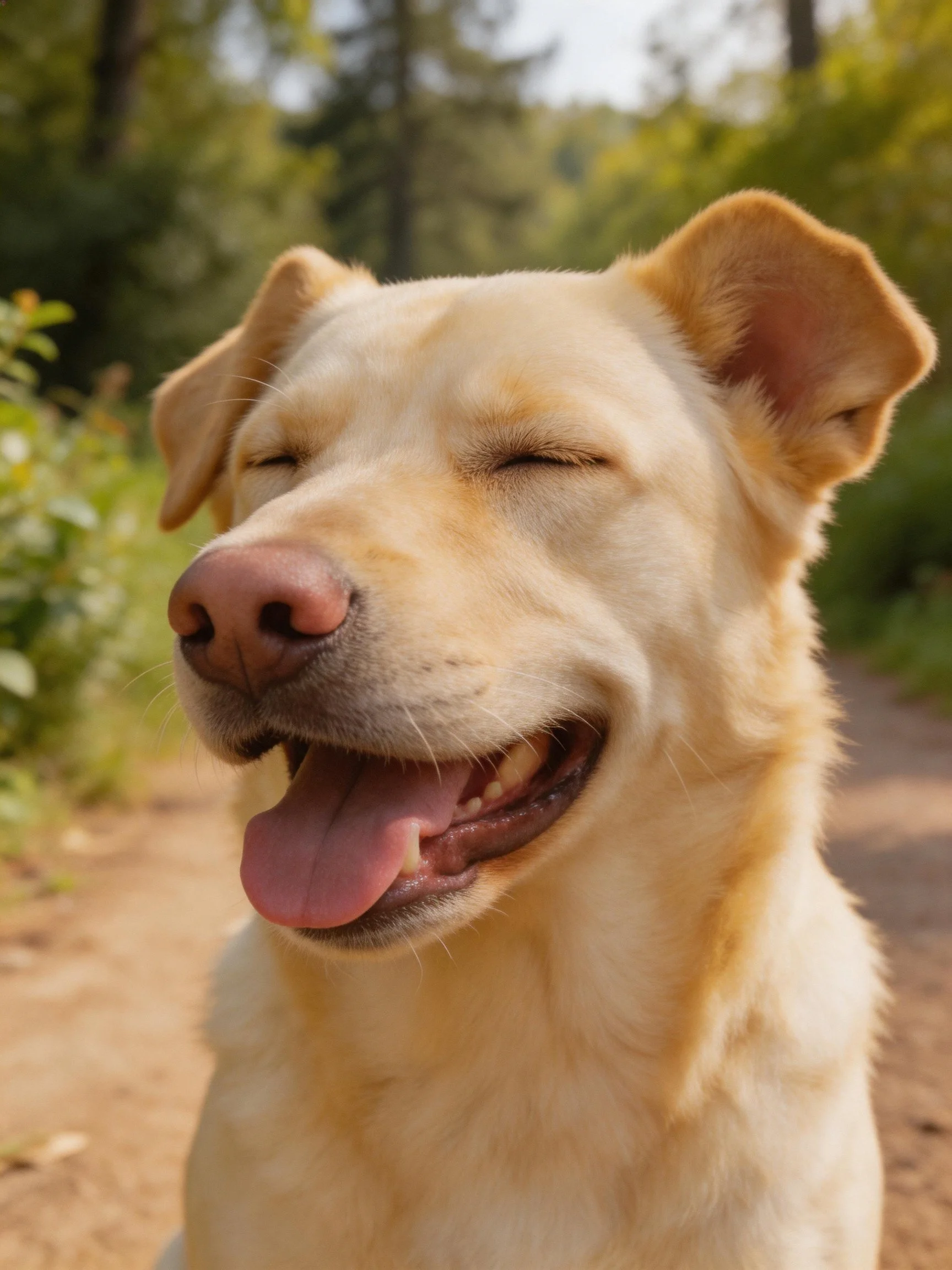 A cheerful yellow Labrador retriever enjoys nature with closed eyes.