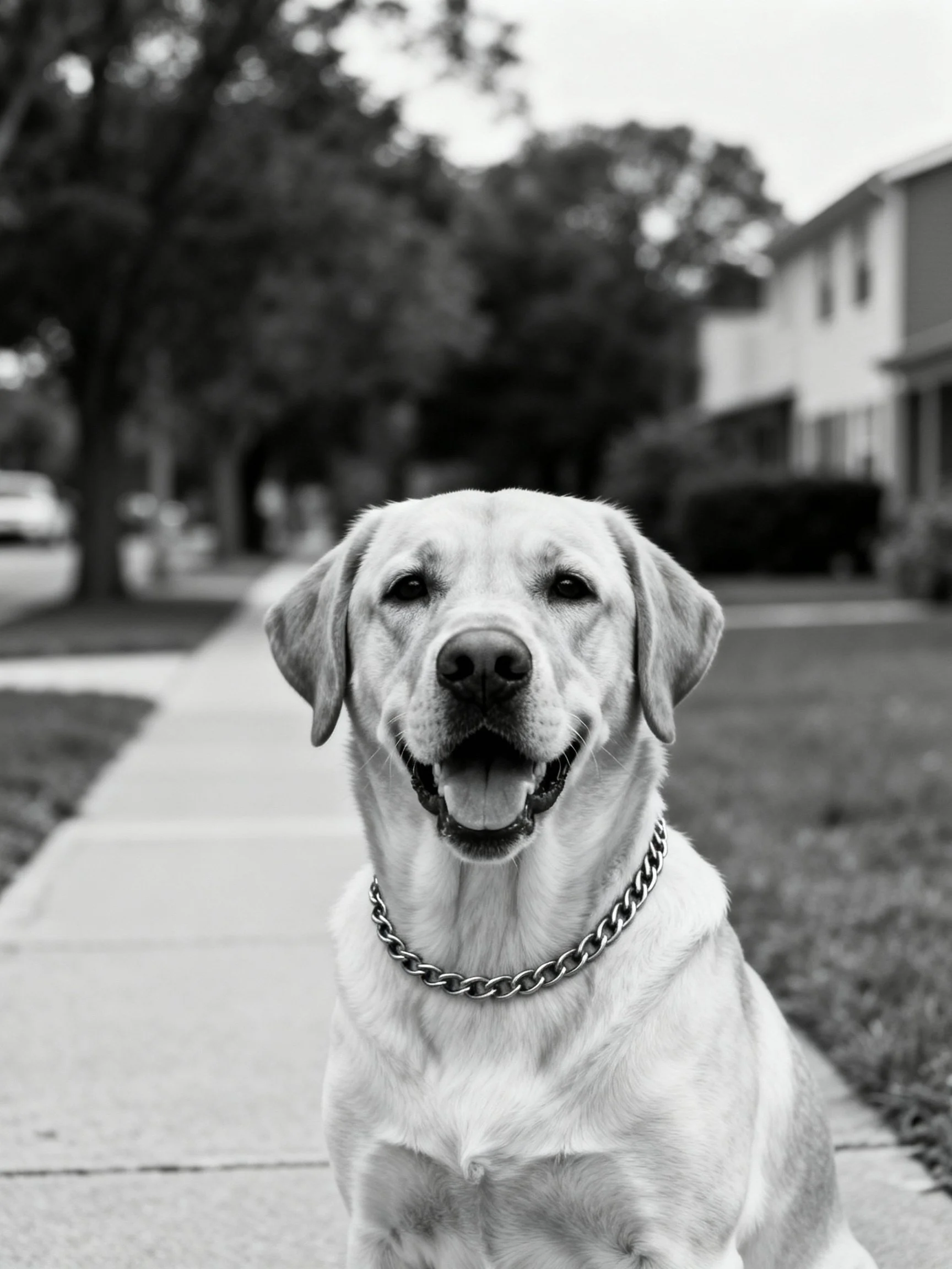A cheerful yellow Labrador retriever with a chain collar on a sidewalk