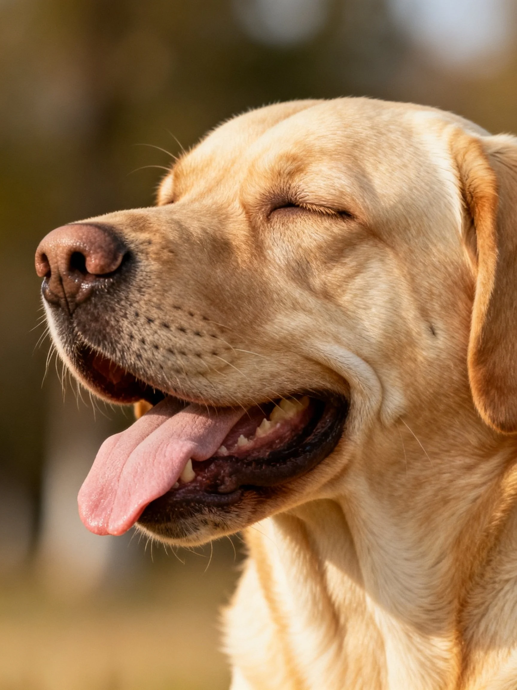 A cheerful yellow Labrador retriever with closed eyes and extended tongue