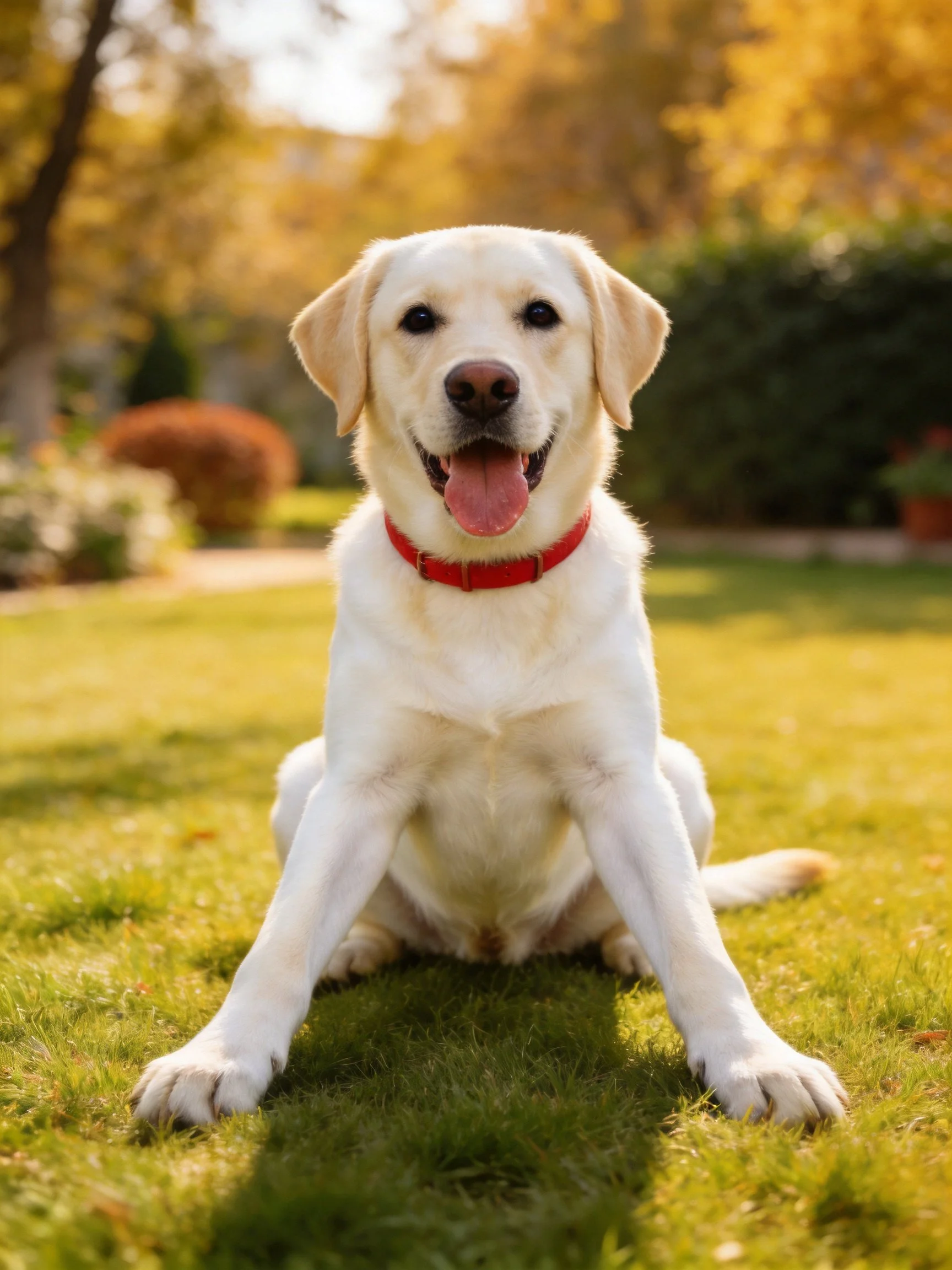 A happy yellow Labrador rests on grass in a sunlit garden.