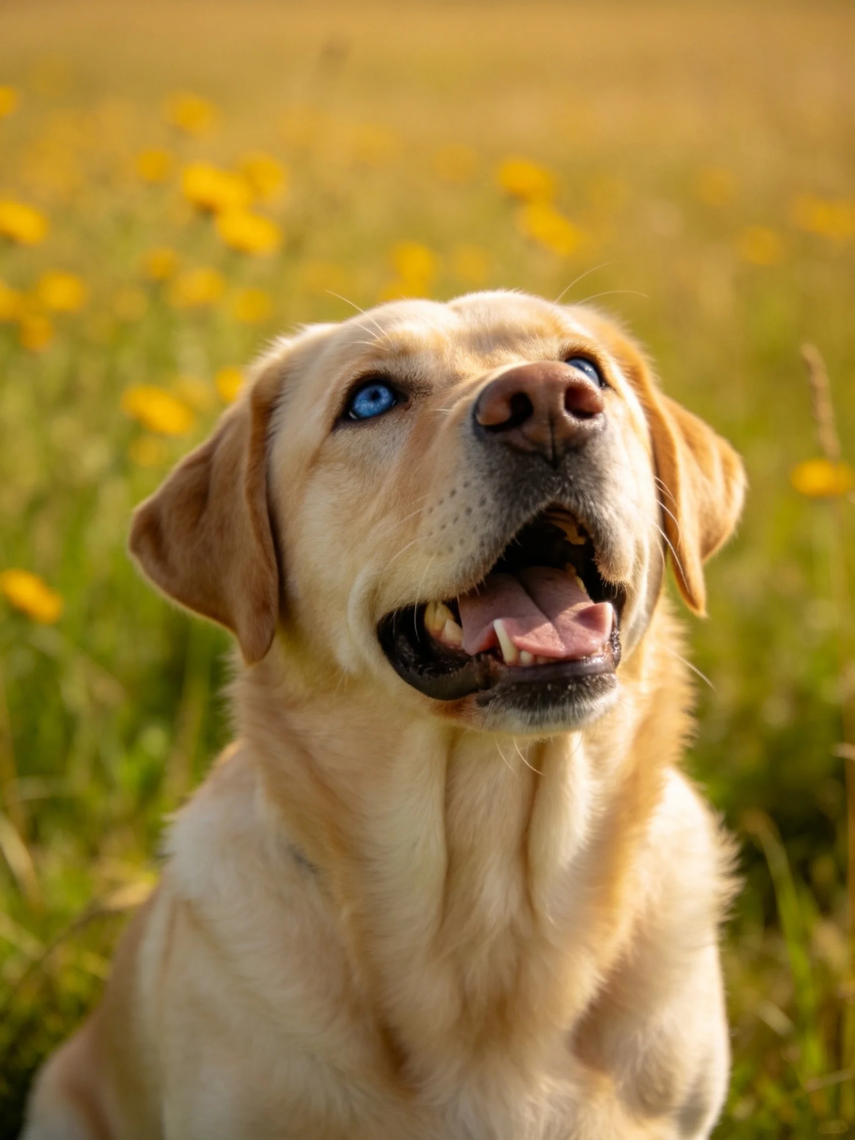 A happy yellow Labrador enjoys time among yellow wildflowers.