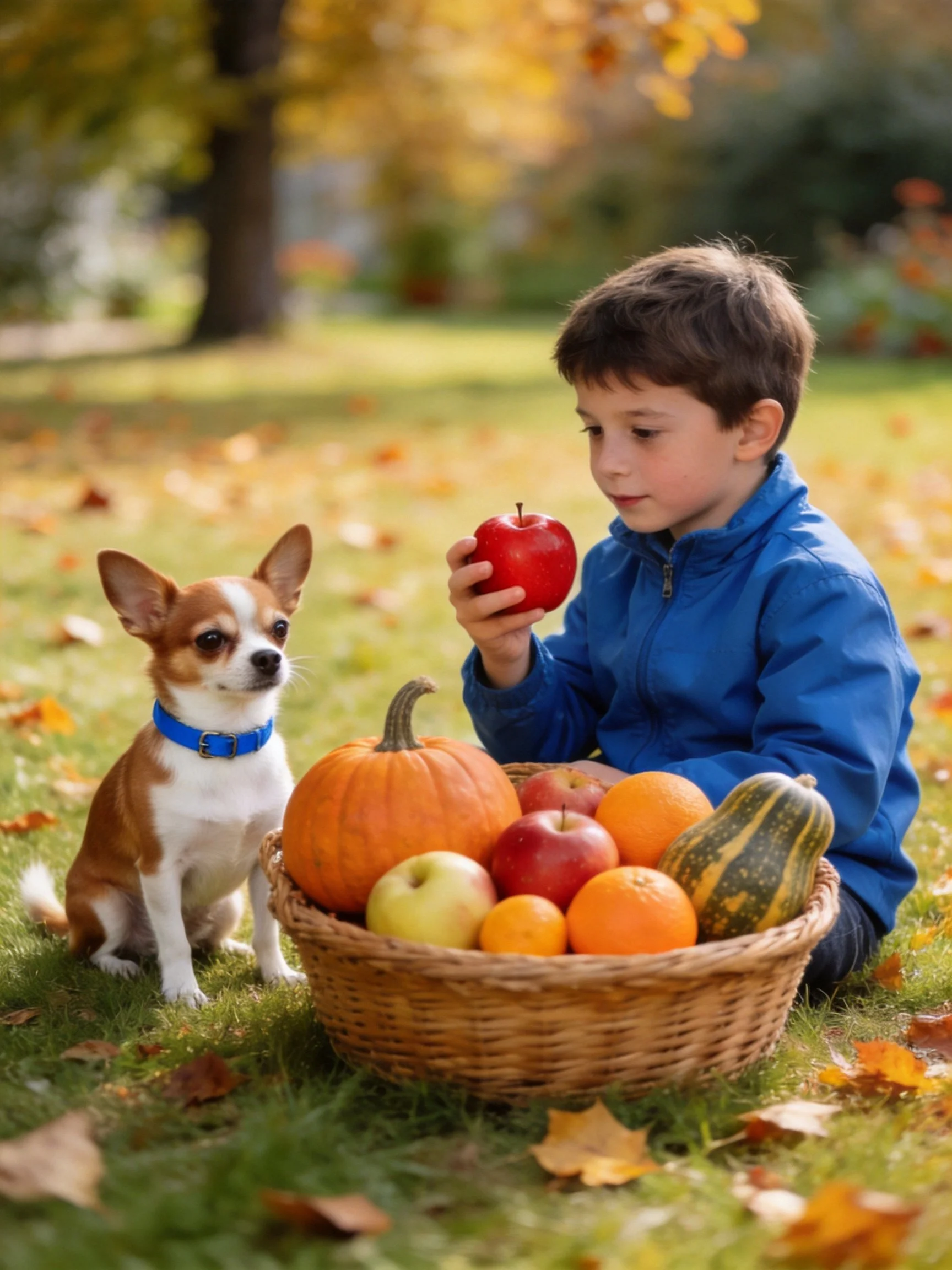 A child holds an apple beside a Chihuahua near a basket of fall produce in a sunny park.
