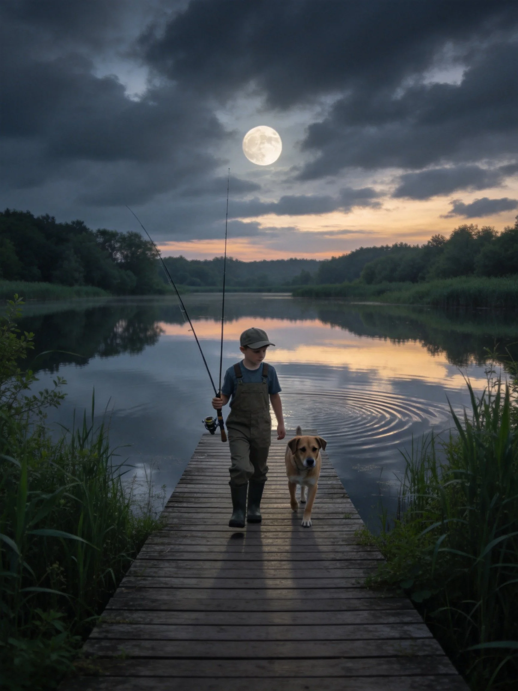 A child fishes with a dog on a wooden dock under a full moon