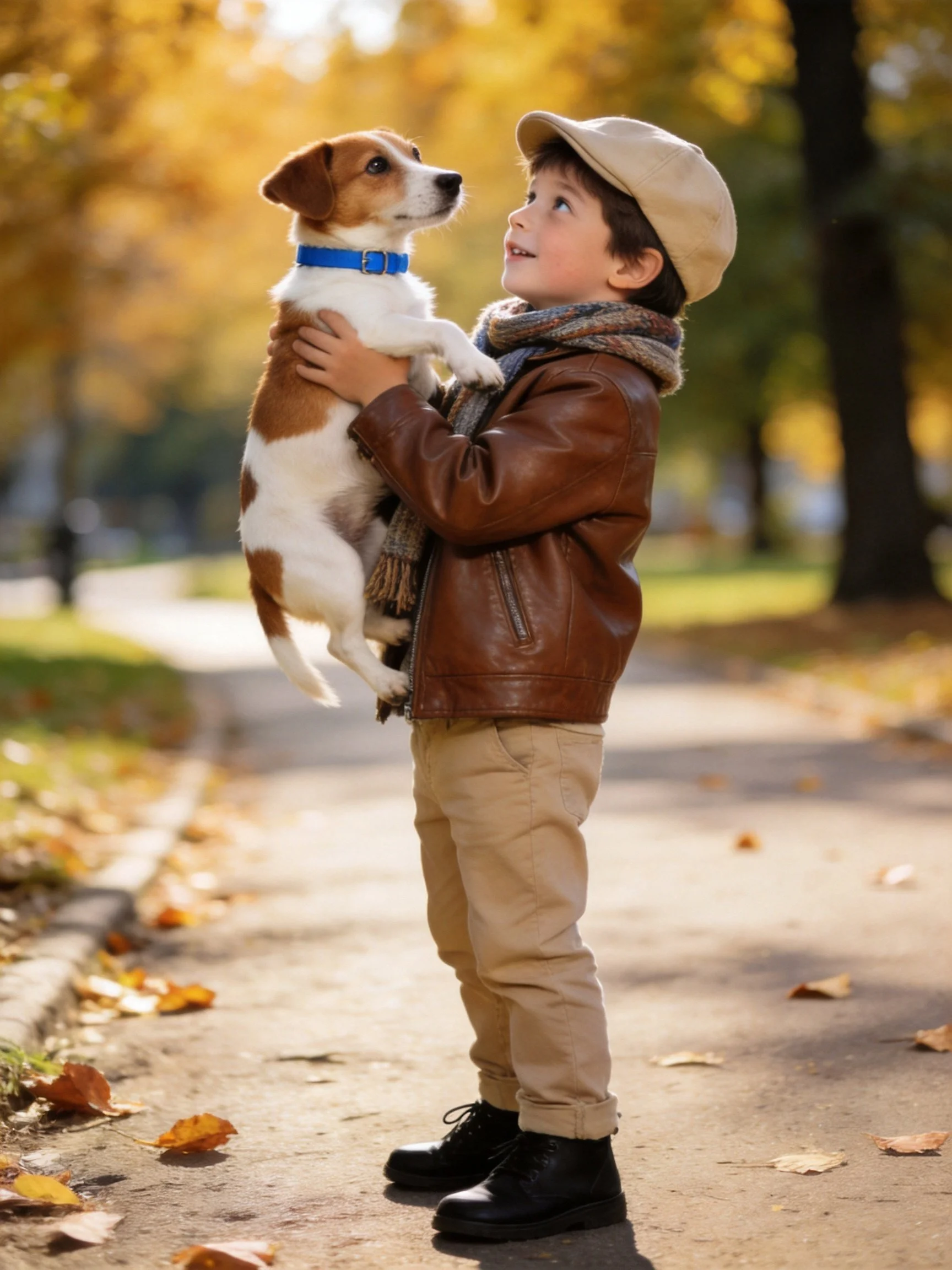 A child lifts a small dog on a leafy path during a sunny autumn day.