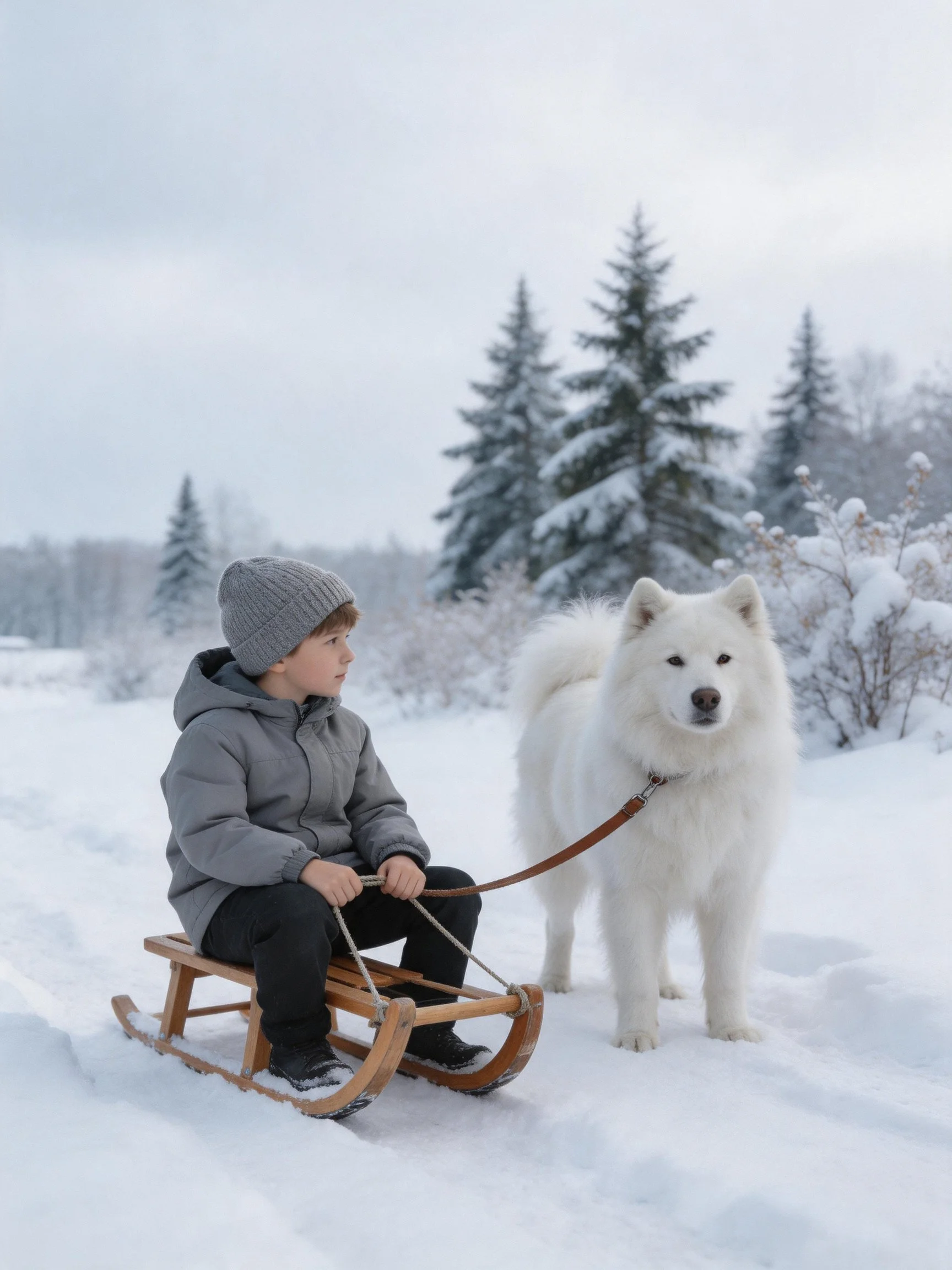 A child in a gray jacket rides a wooden sled pulled by a white Samoyed in snow