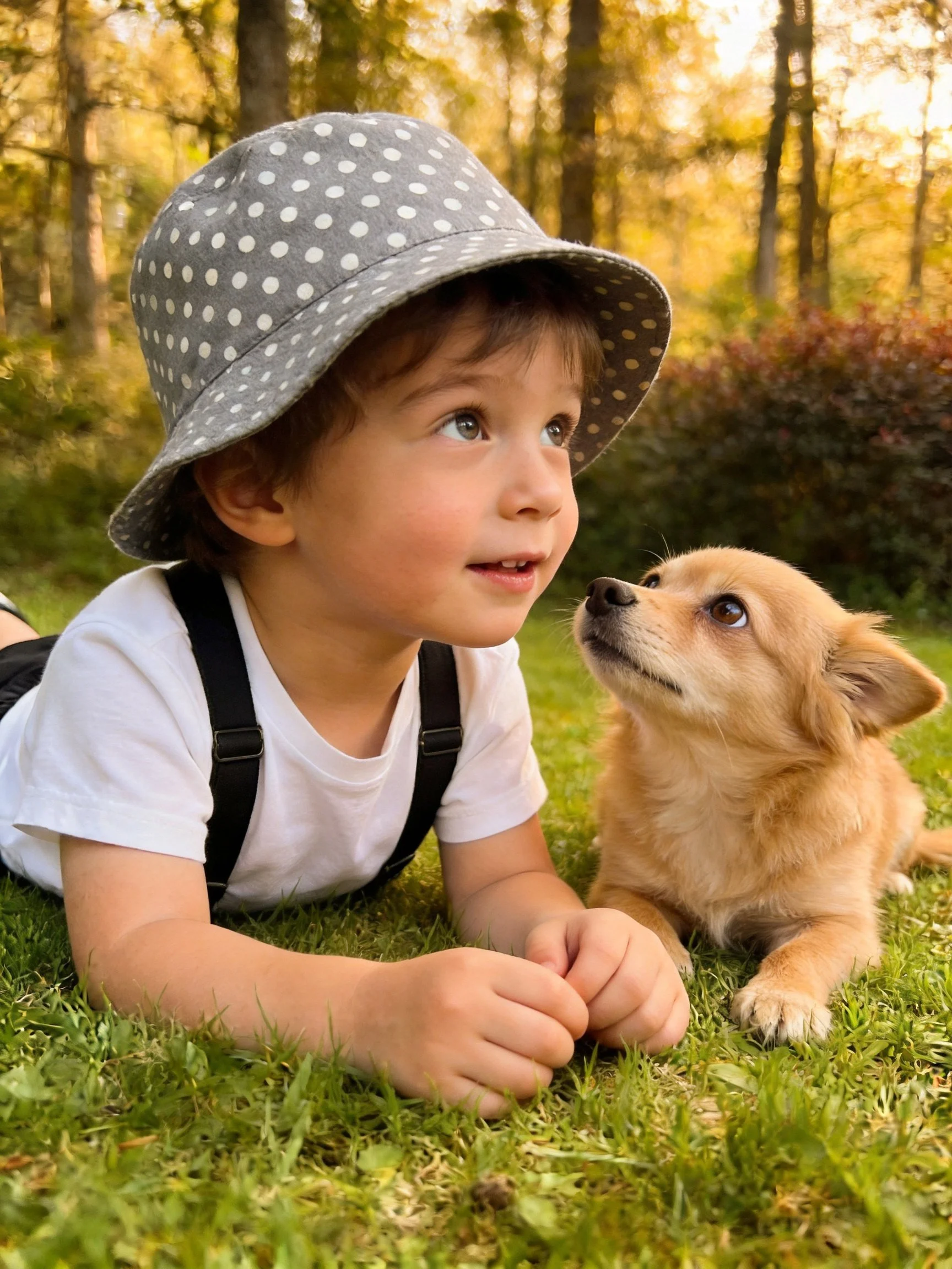 A child in a gray polka-dot hat lies on grass with a small tan puppy