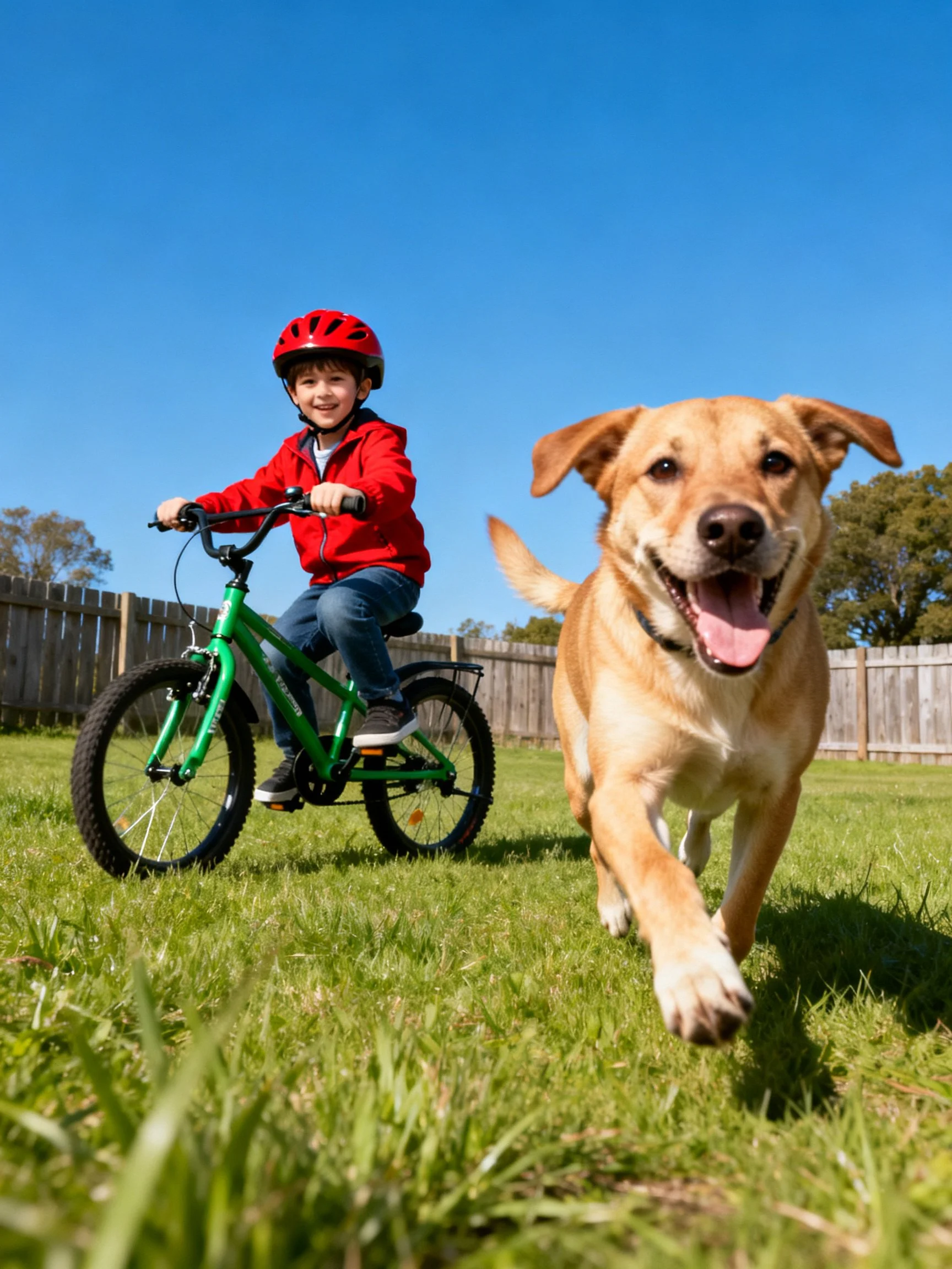 A child in a red jacket rides a green bicycle near a happy tan dog