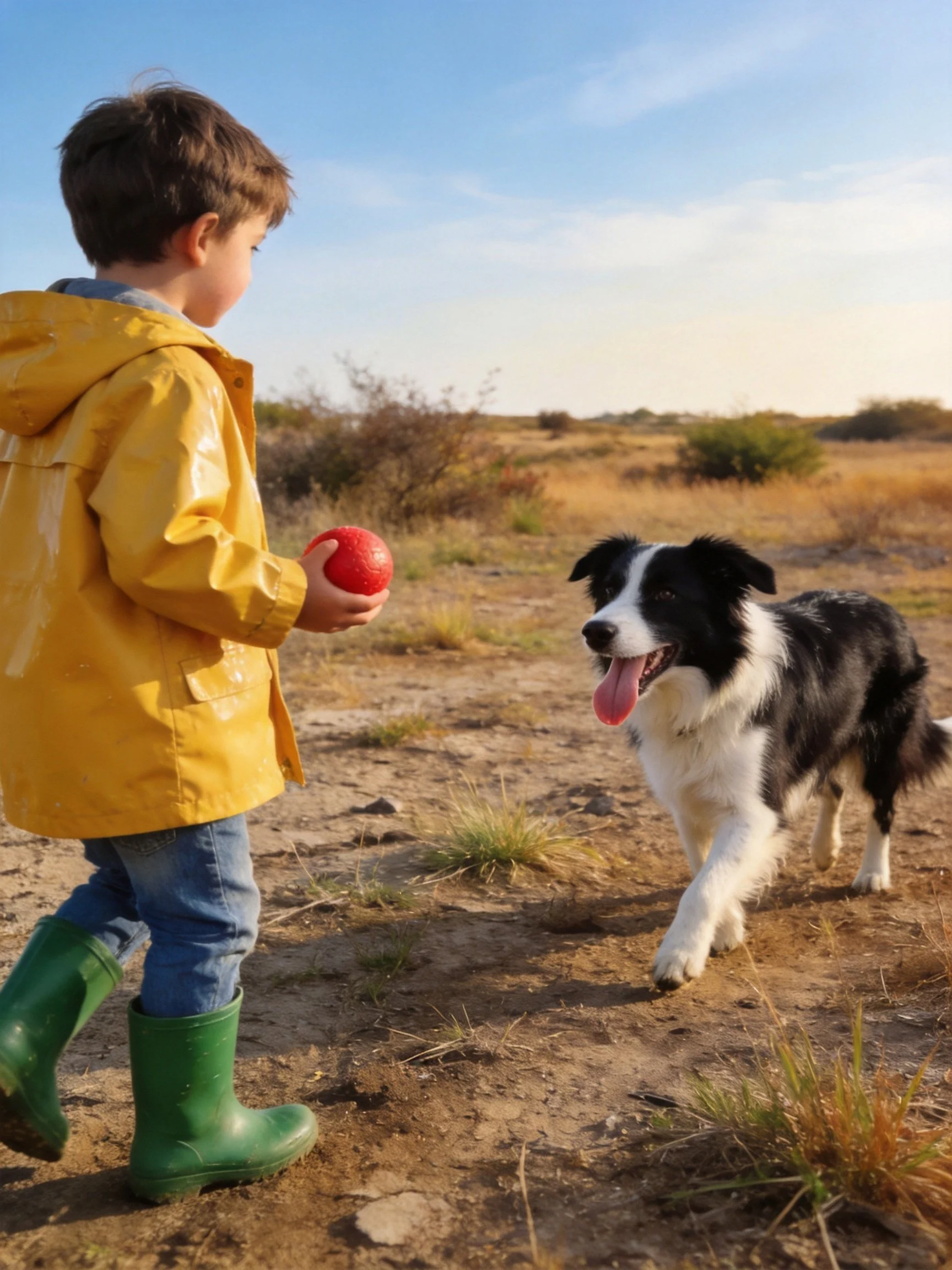 A child plays with a black-and-white dog while holding a red ball outdoors