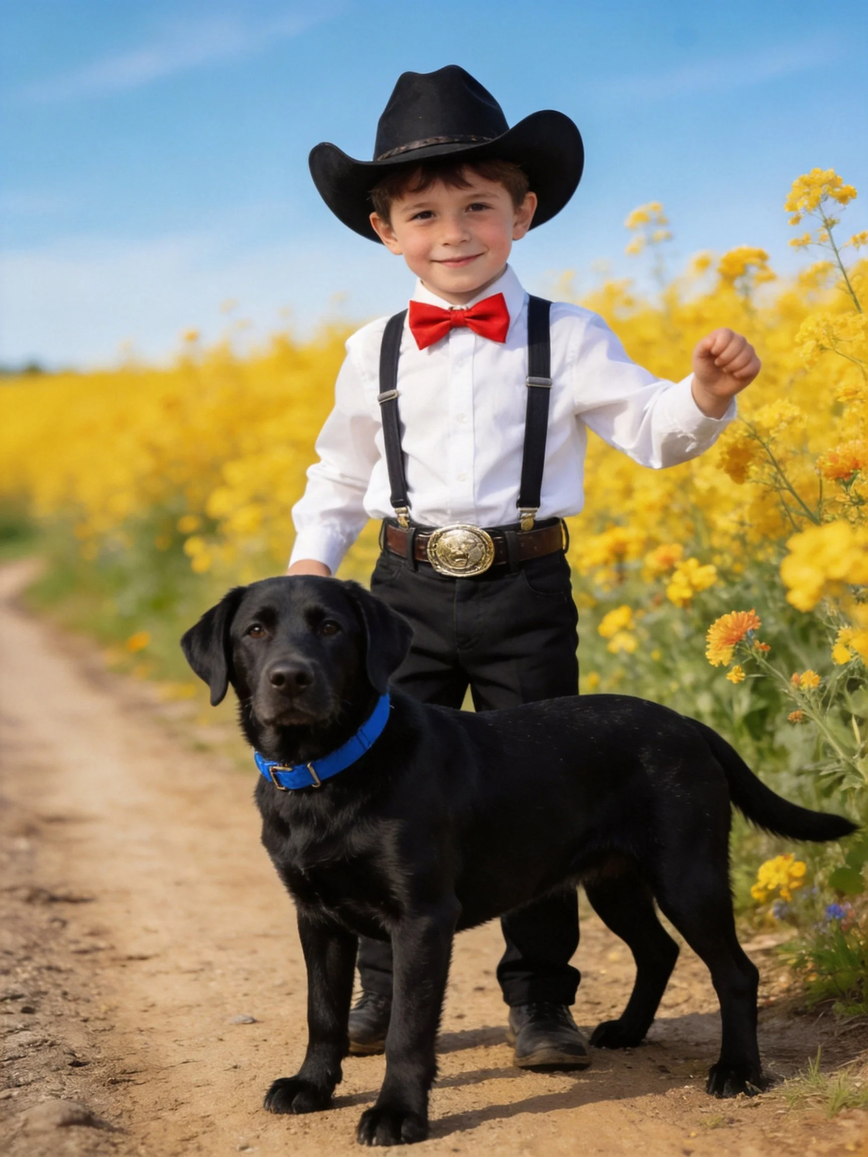 A child in western clothing stands next to a black dog in a yellow-flowered field.