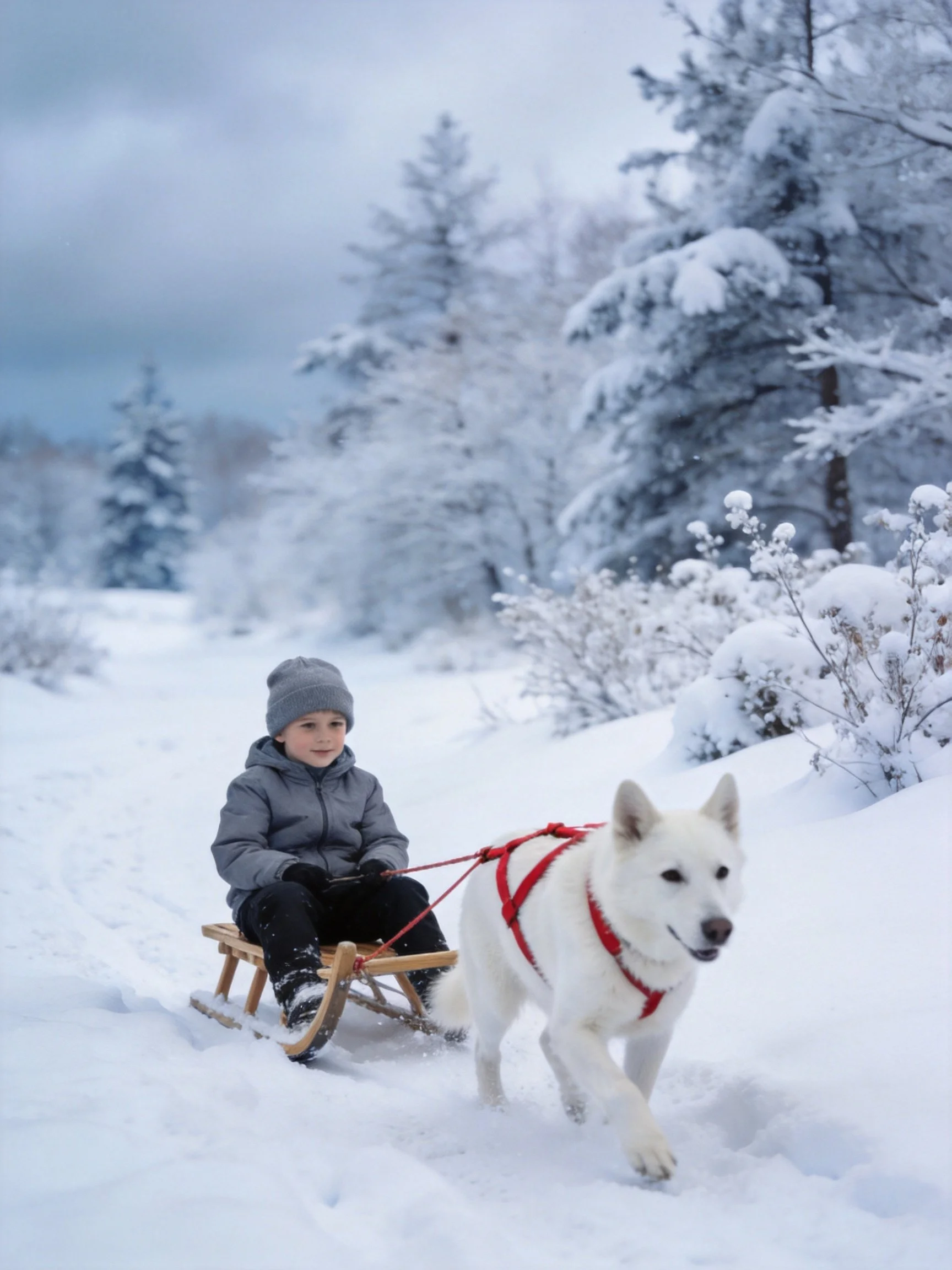 A child sleddes while a white dog pulls through snow.
