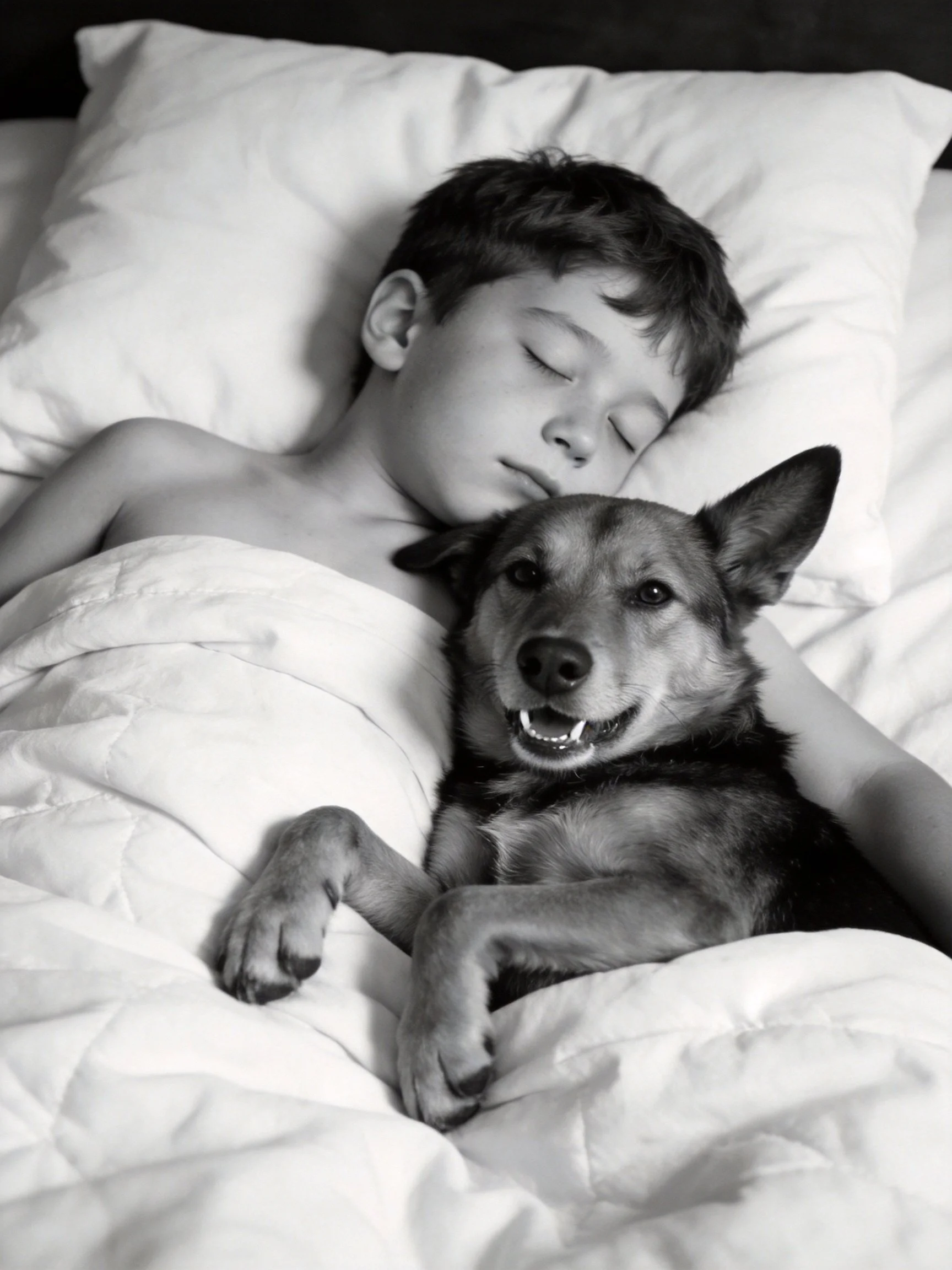 A child sleeps next to a happy dog in bed