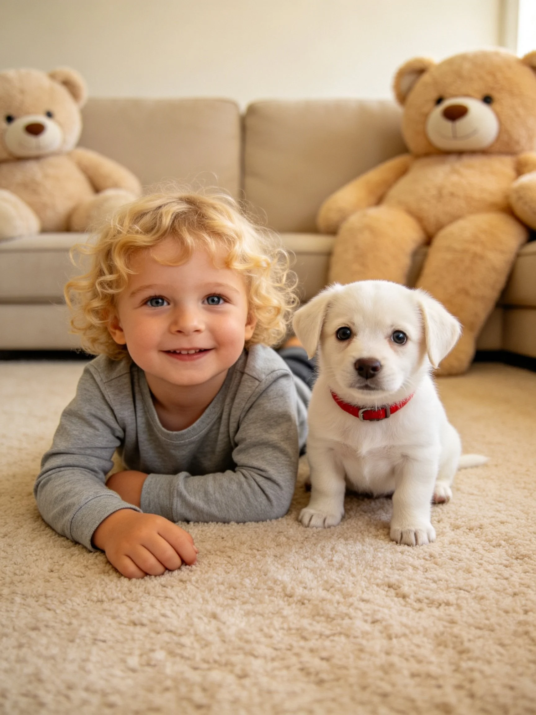 A child and a small white puppy sit together on a carpeted floor with large teddy bears in the background