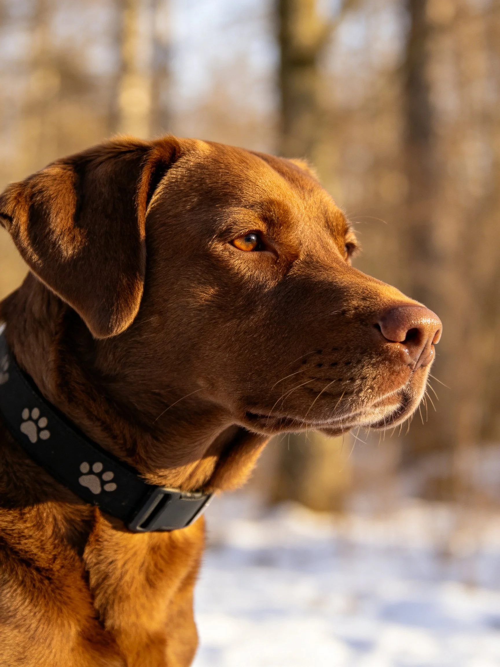 A chocolate Lab with a paw-print collar in a snowy forest