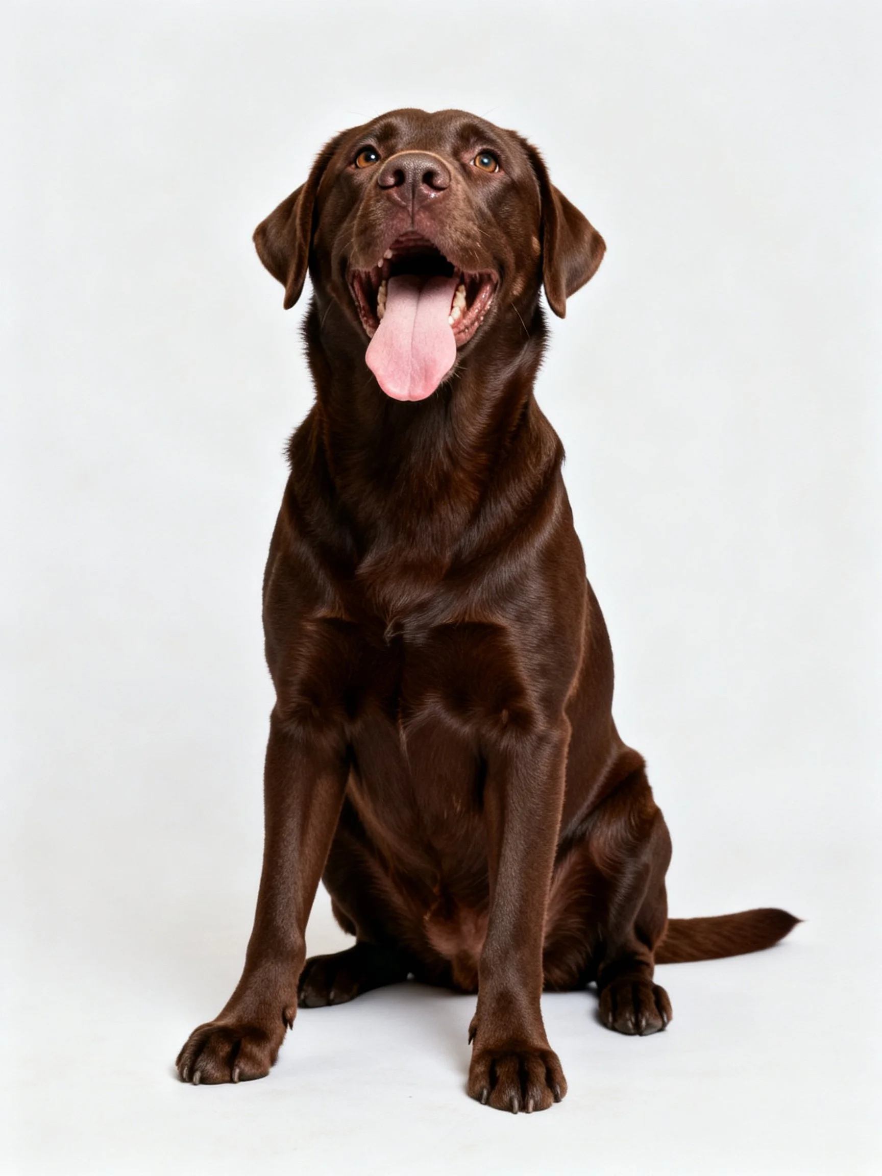 A chocolate Labrador Retriever sits against a plain white backdrop