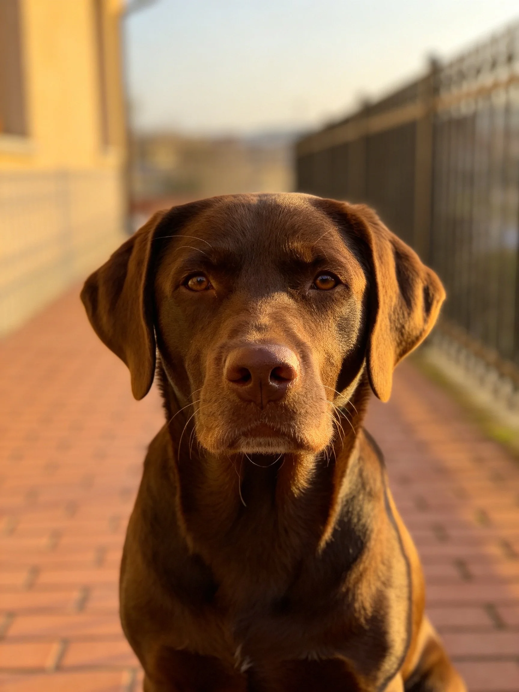 A chocolate Labrador Retriever sits on a brick pathway near a building