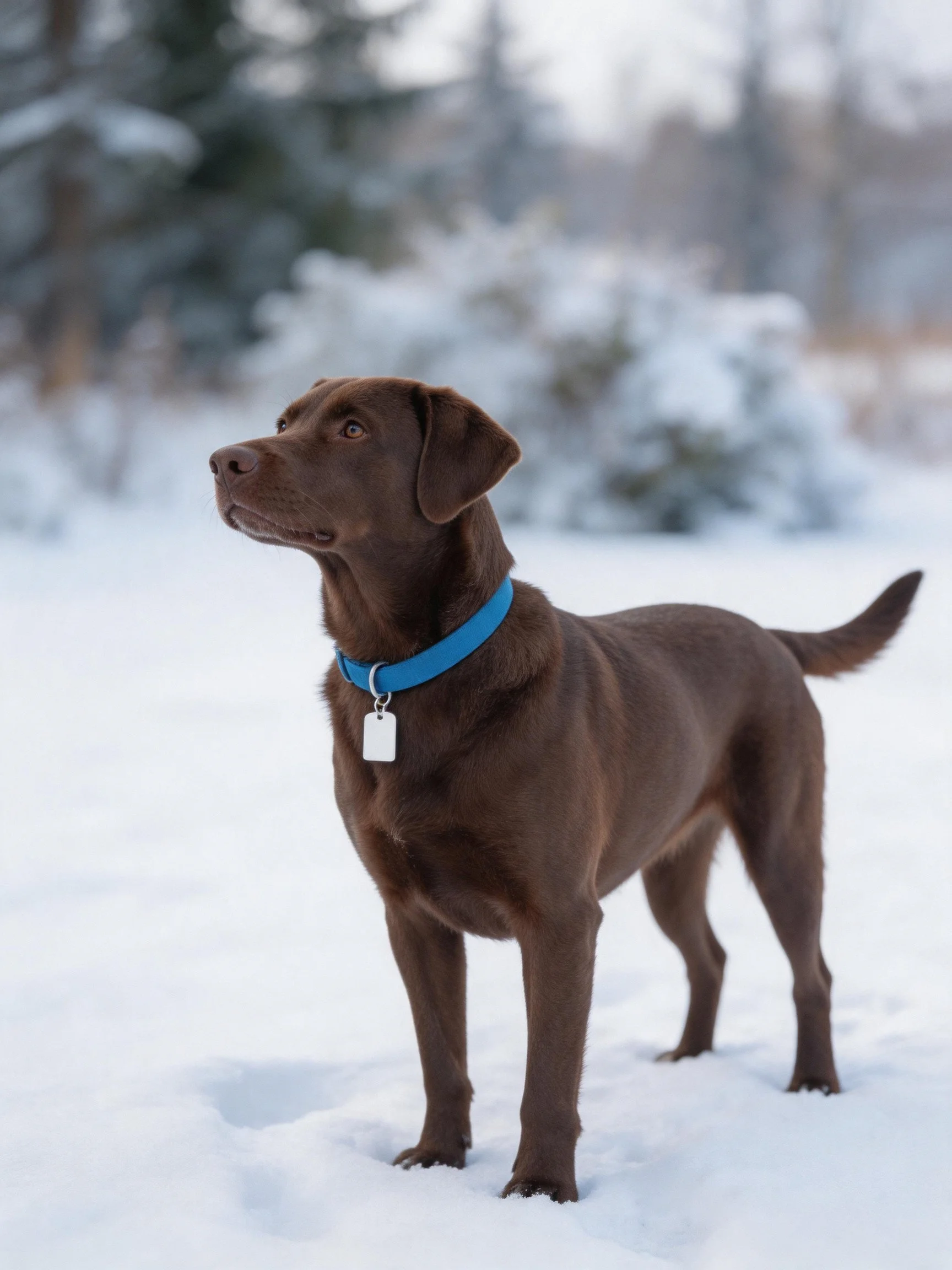 A chocolate Labrador Retriever stands in a snowy landscape with a blue collar