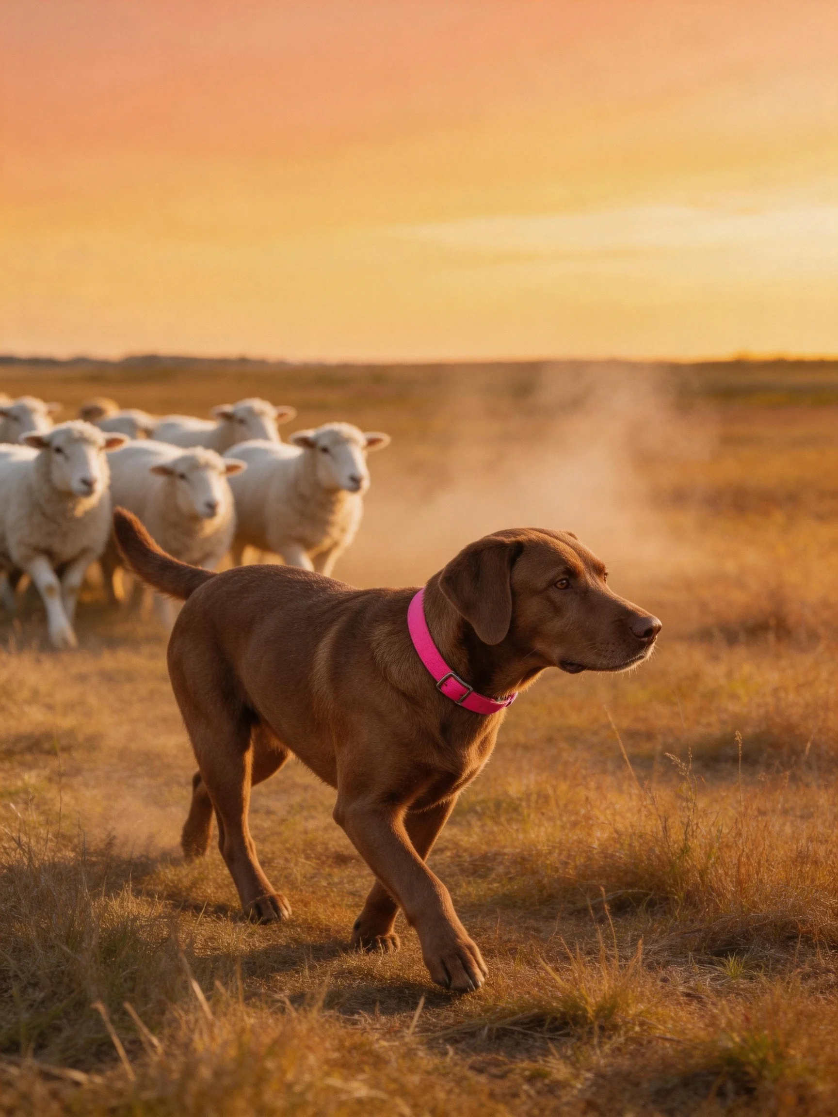 A chocolate Labrador herds white sheep in a golden field at sunset