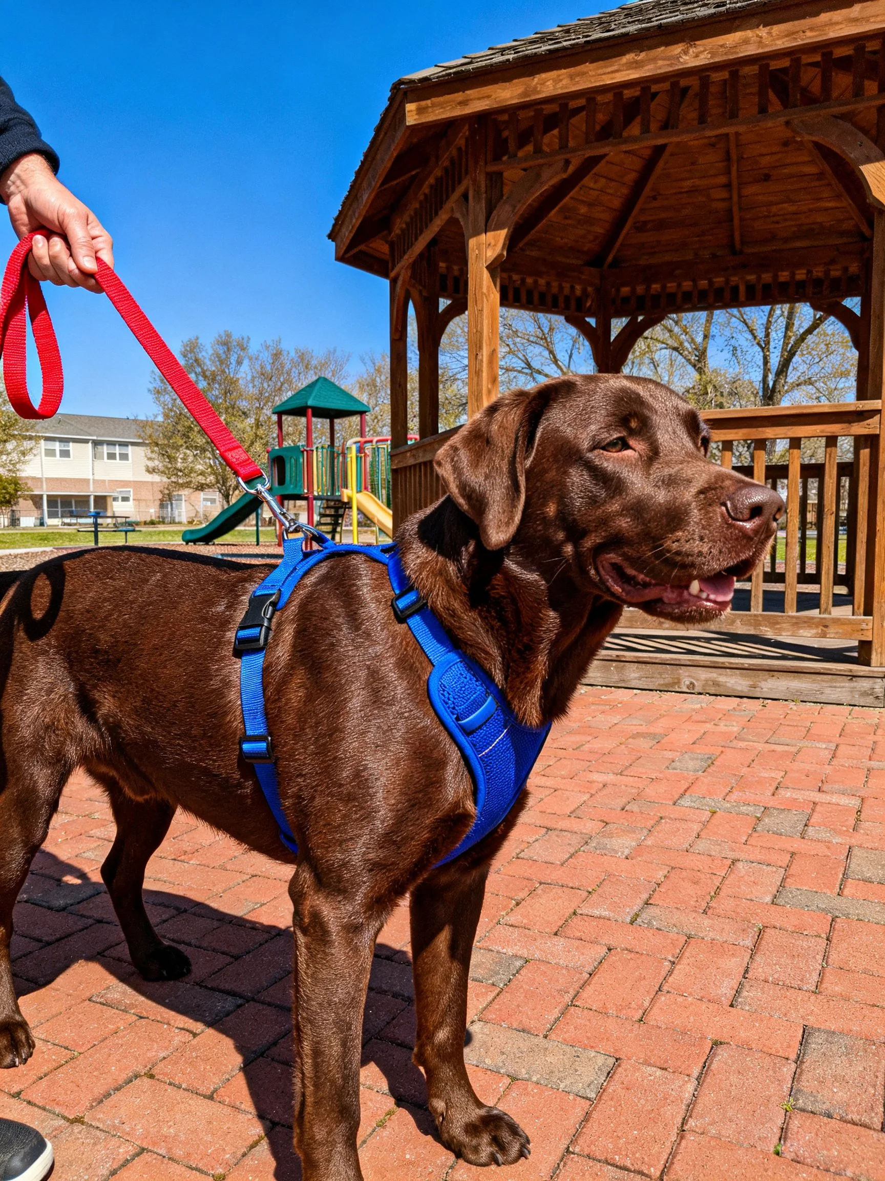 A chocolate Labrador in a blue harness with a red leash near a wooden gazebo