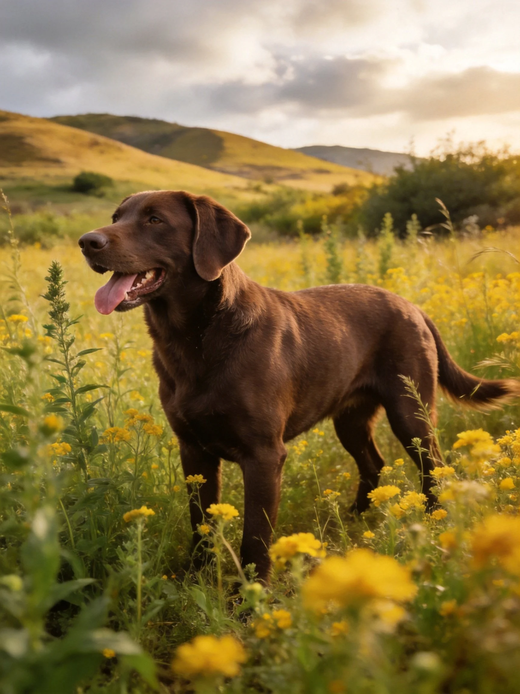 A chocolate Labrador in a golden wildflower meadow with rolling hills