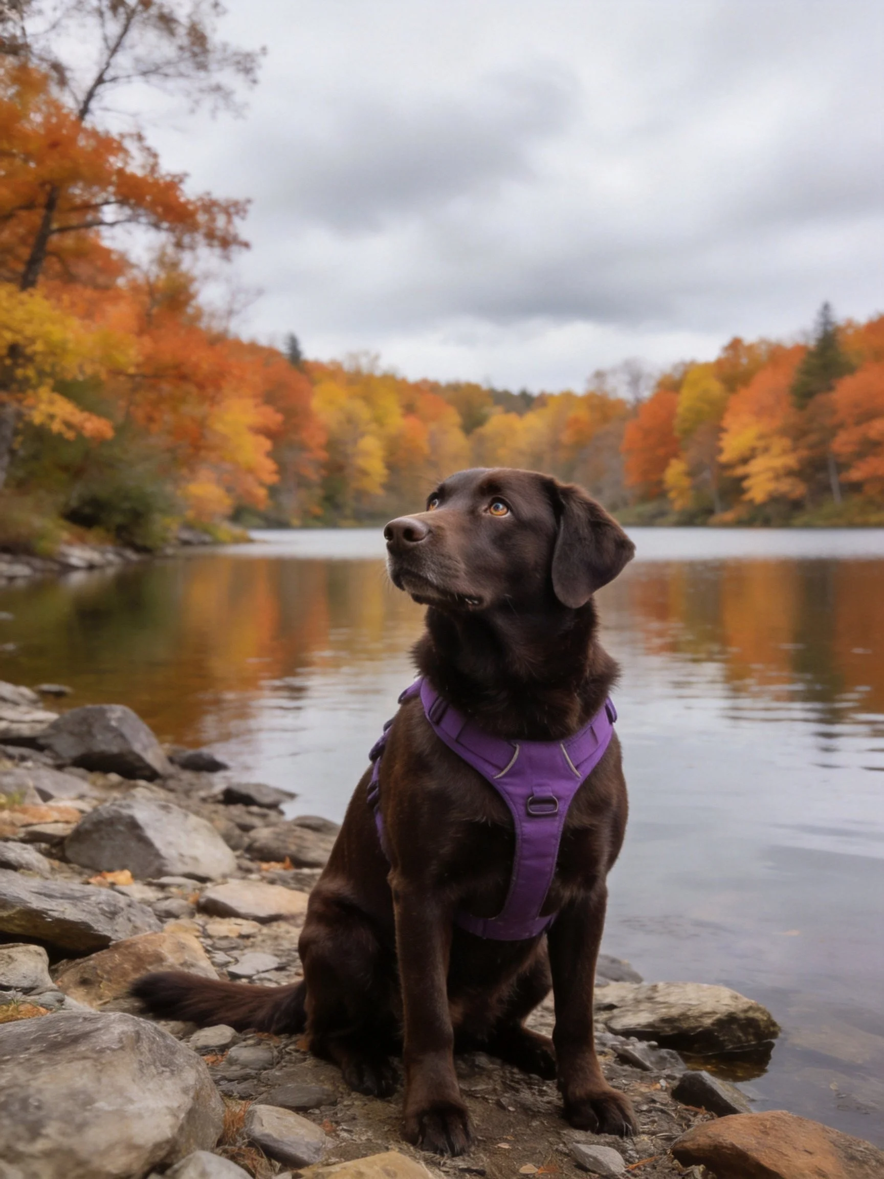 A chocolate Labrador in a purple harness sits by a serene autumn lakeside