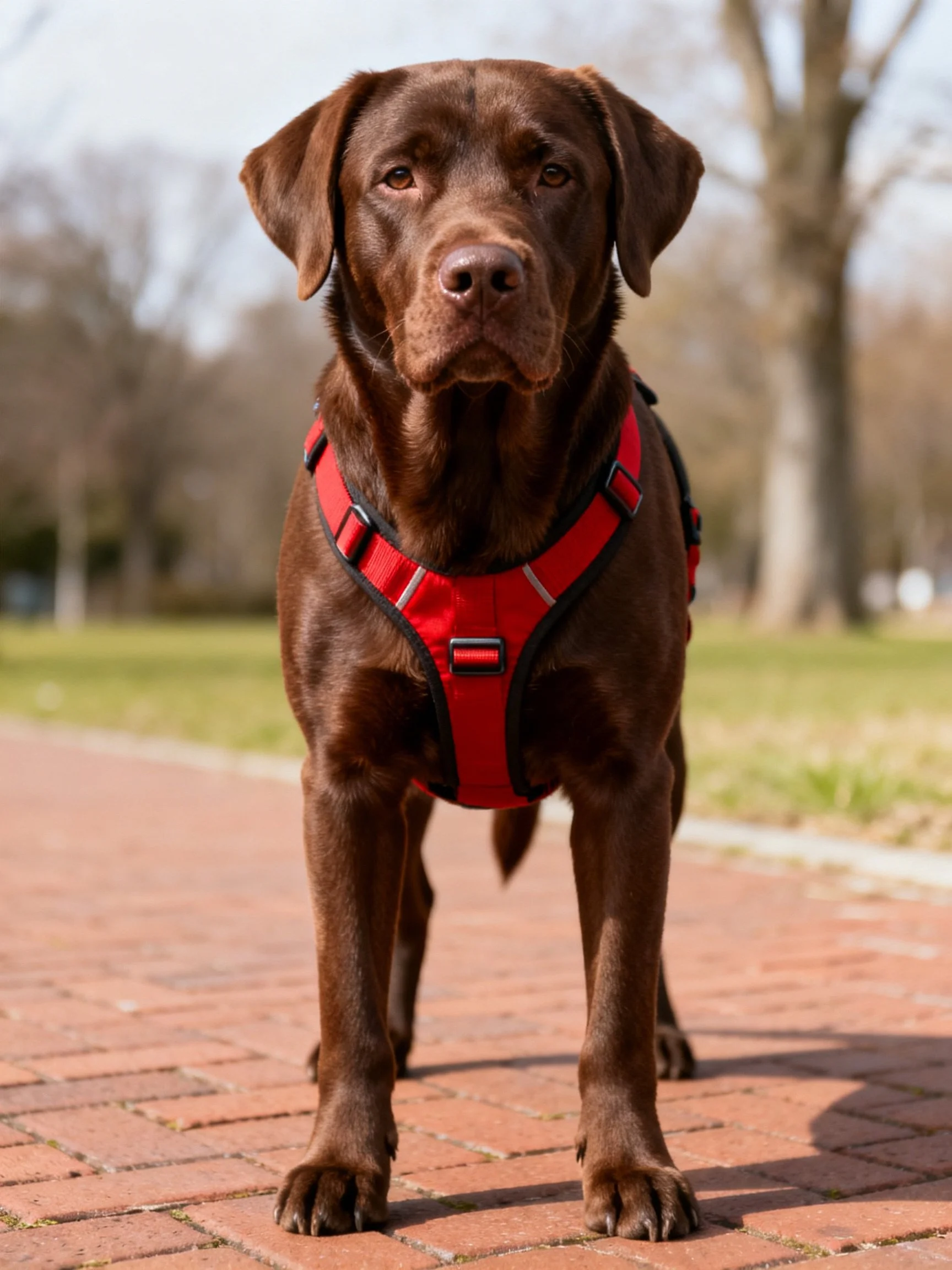 A chocolate Labrador in a red harness on brick pavement