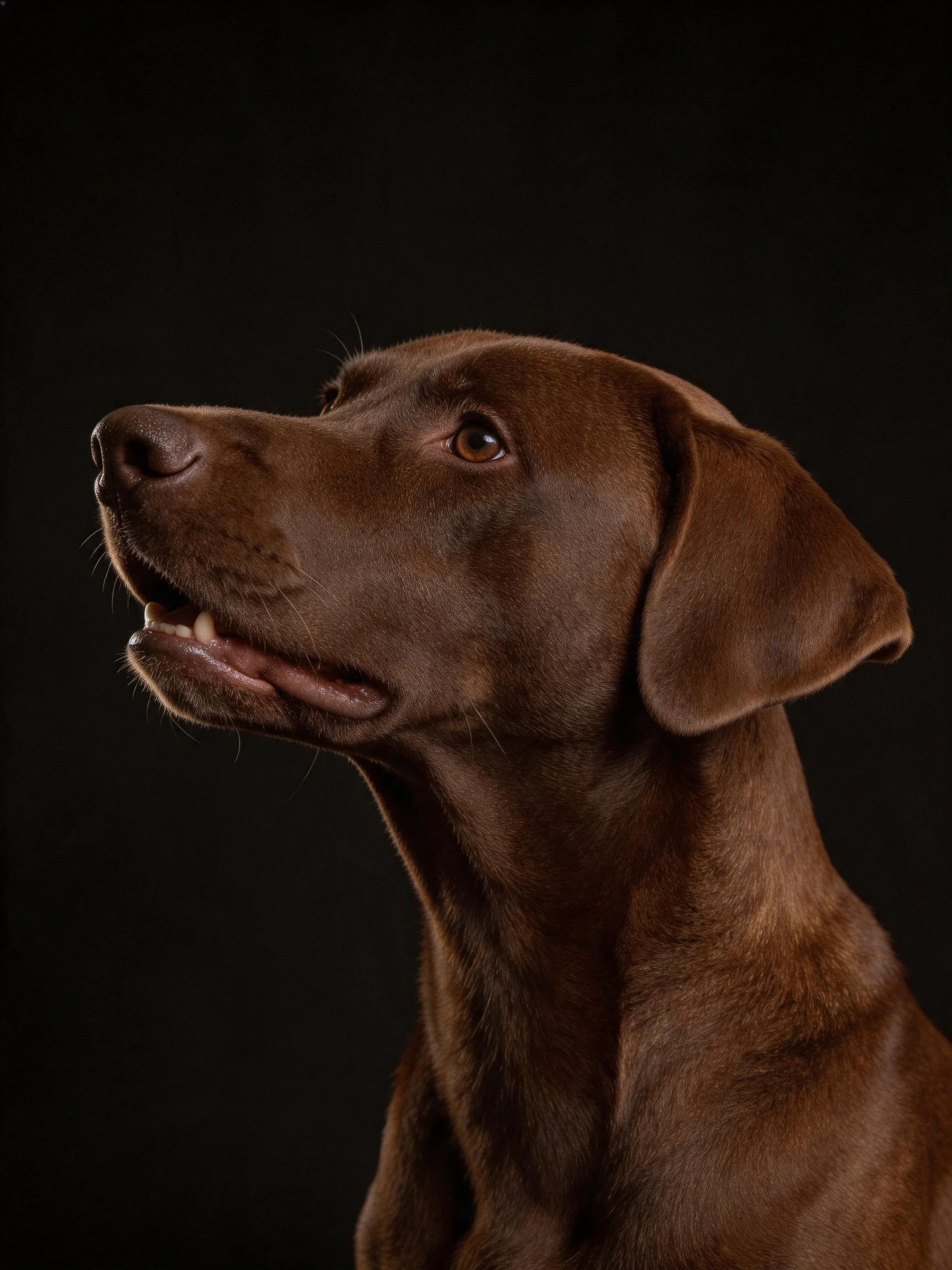 A chocolate Labrador in profile with dark backdrop