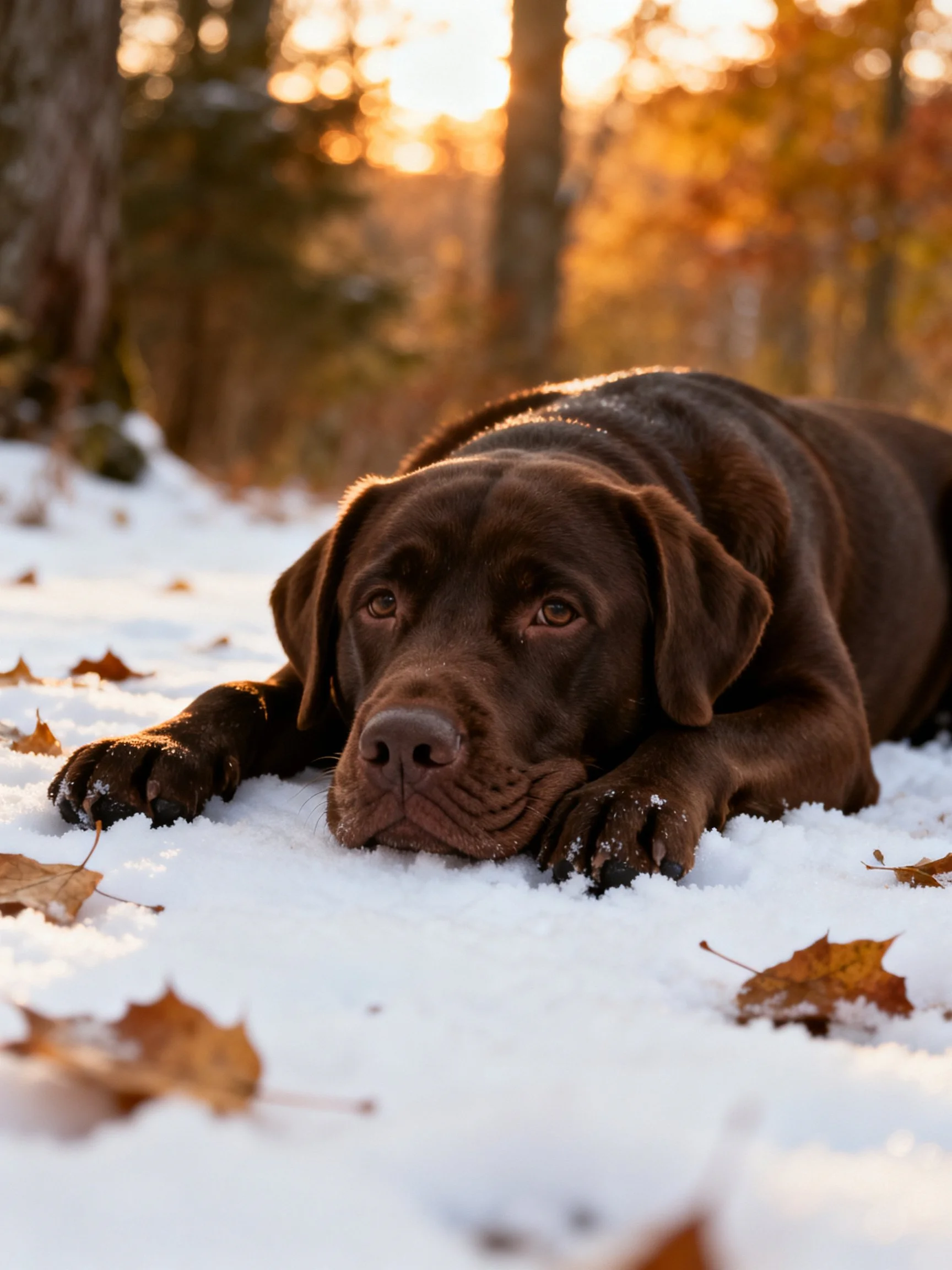 A chocolate Labrador lies on snow surrounded by autumn leaves and trees
