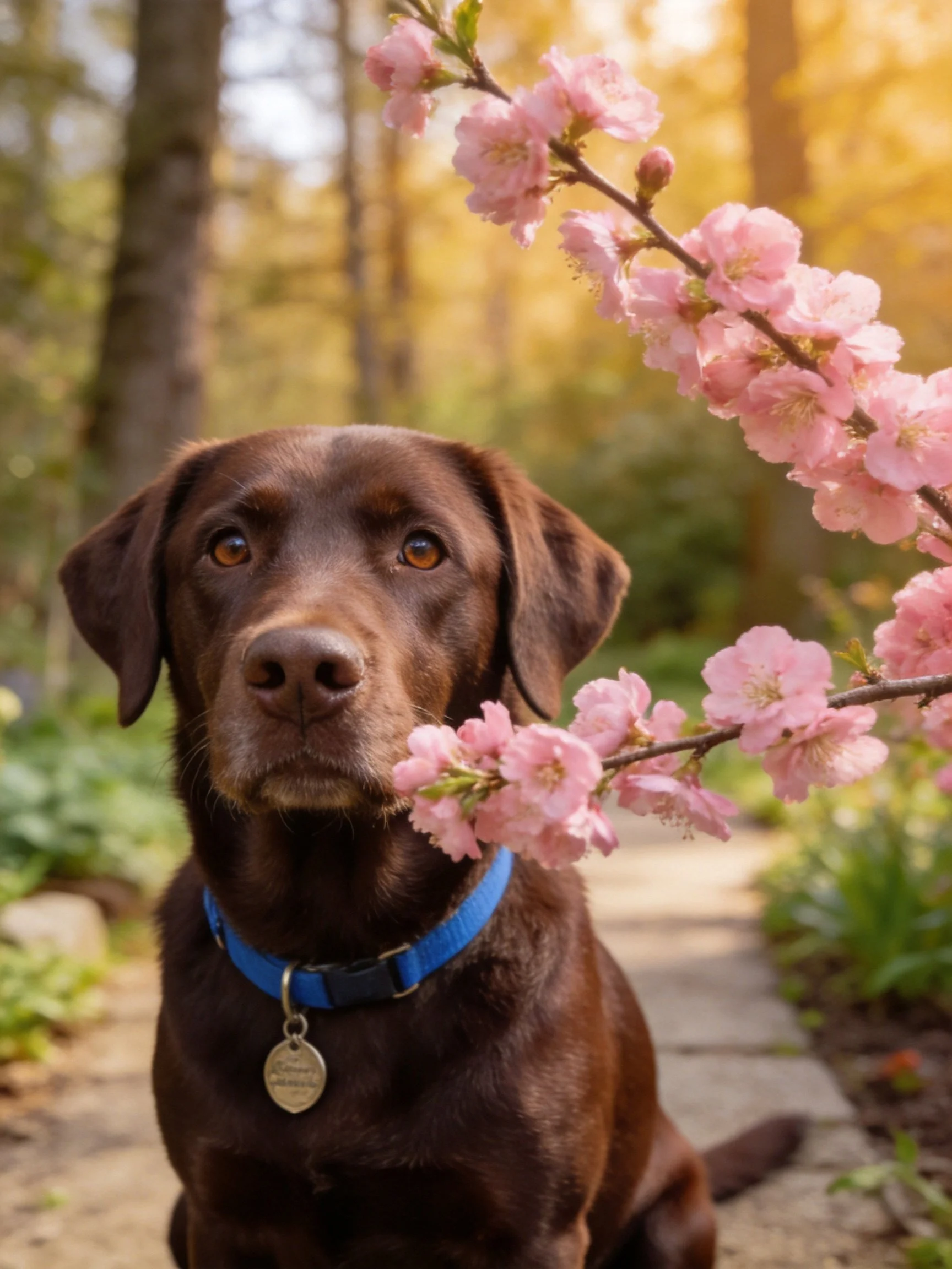 A chocolate Labrador near pink blossoms in a sunlit forest path