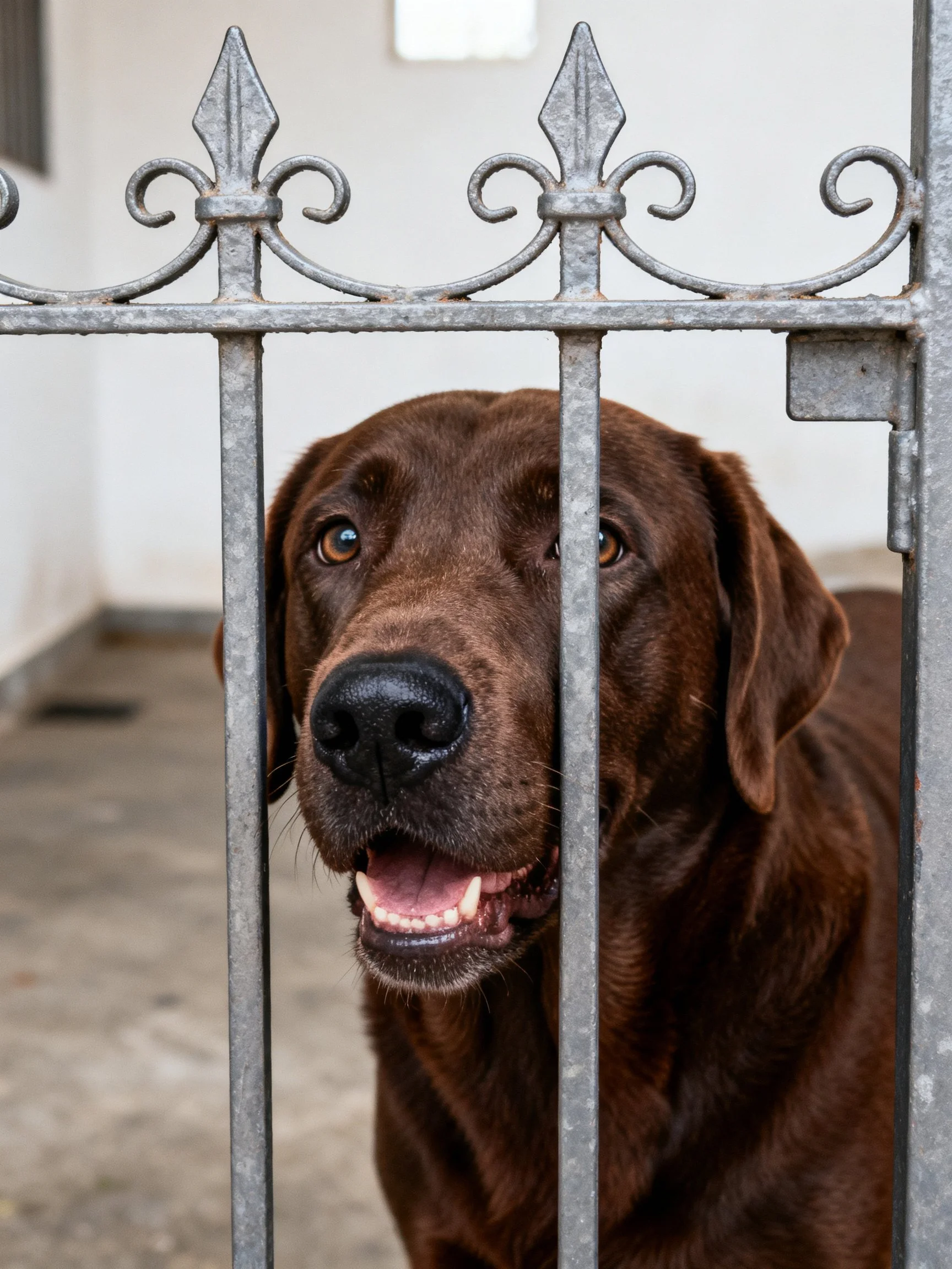 A chocolate Labrador peers through an ornate metal fence