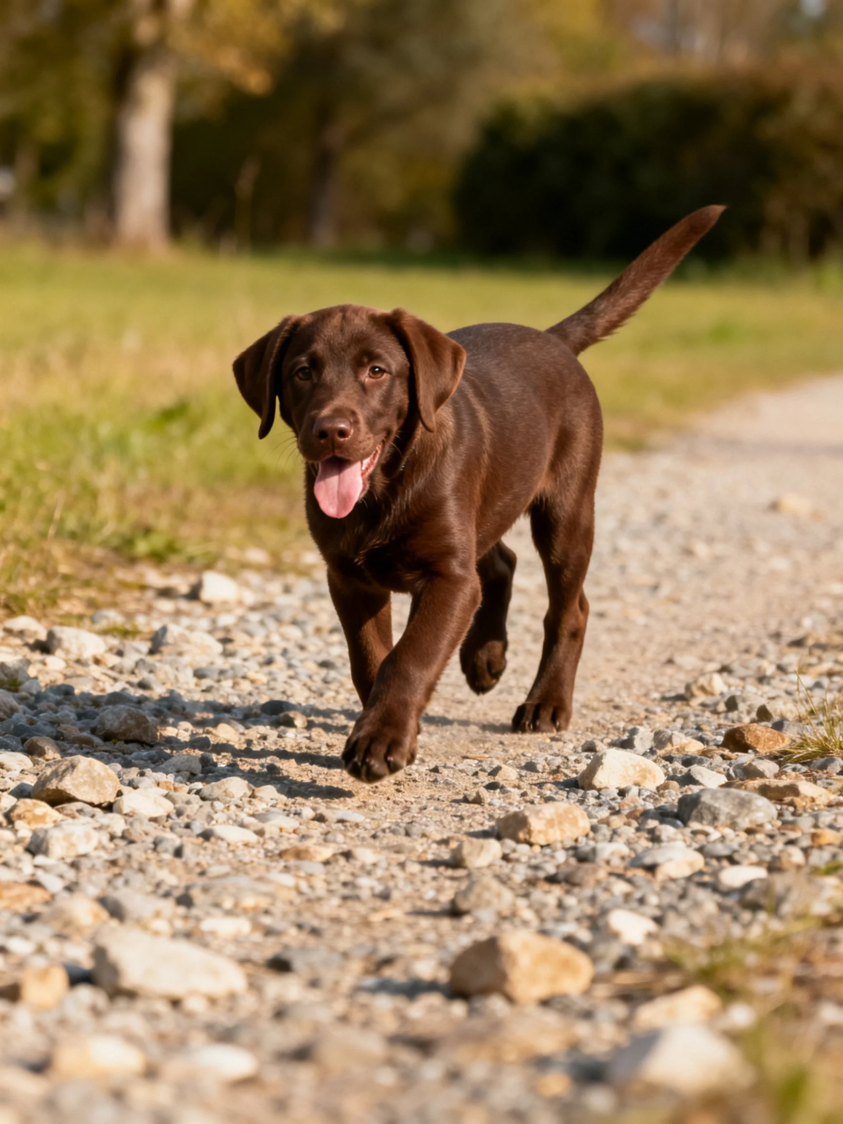 A chocolate Labrador puppy running on a gravel path outdoors