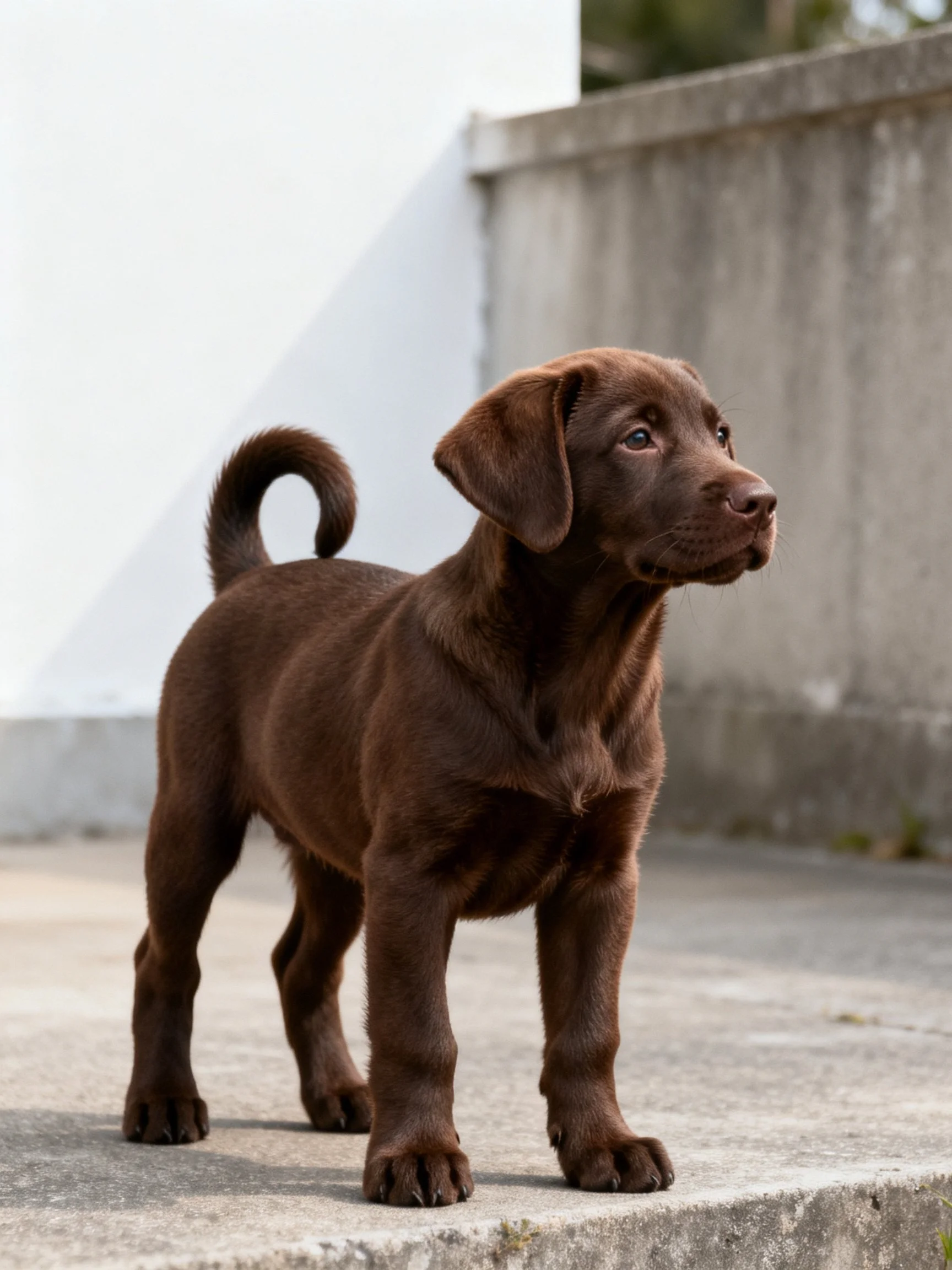 A chocolate Labrador puppy standing on concrete near a white wall