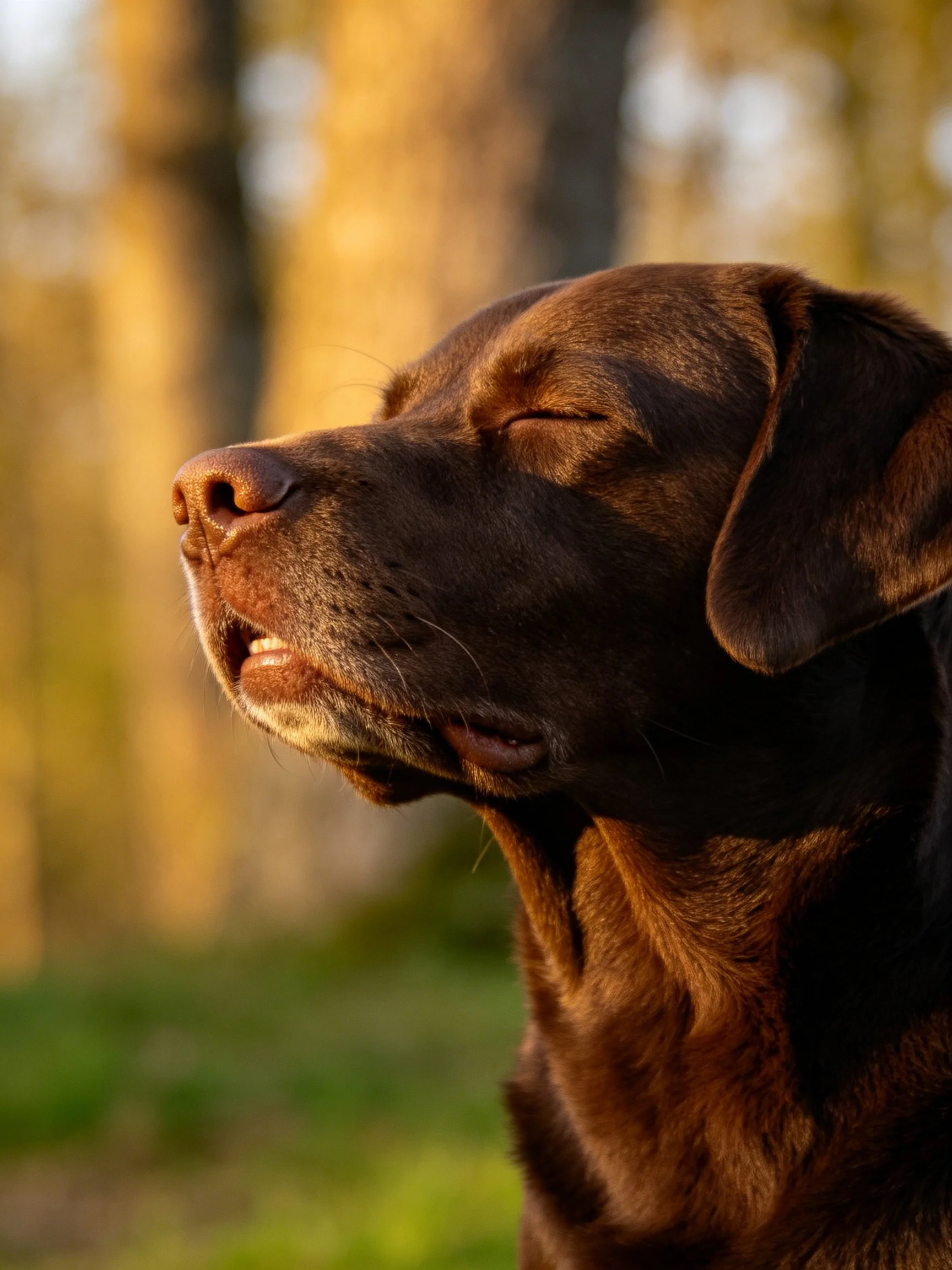 A chocolate Labrador relaxes in golden forest light