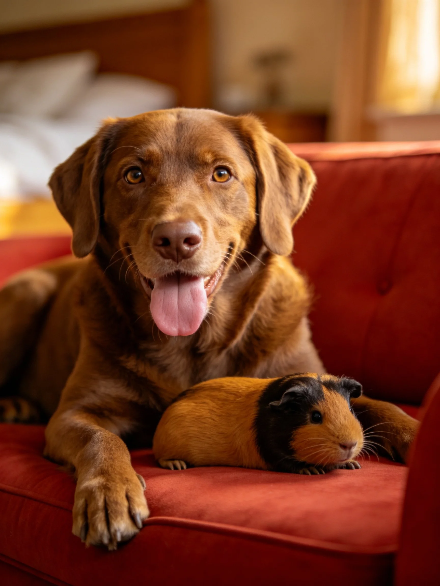 A chocolate Labrador rests beside a guinea pig on a crimson couch.