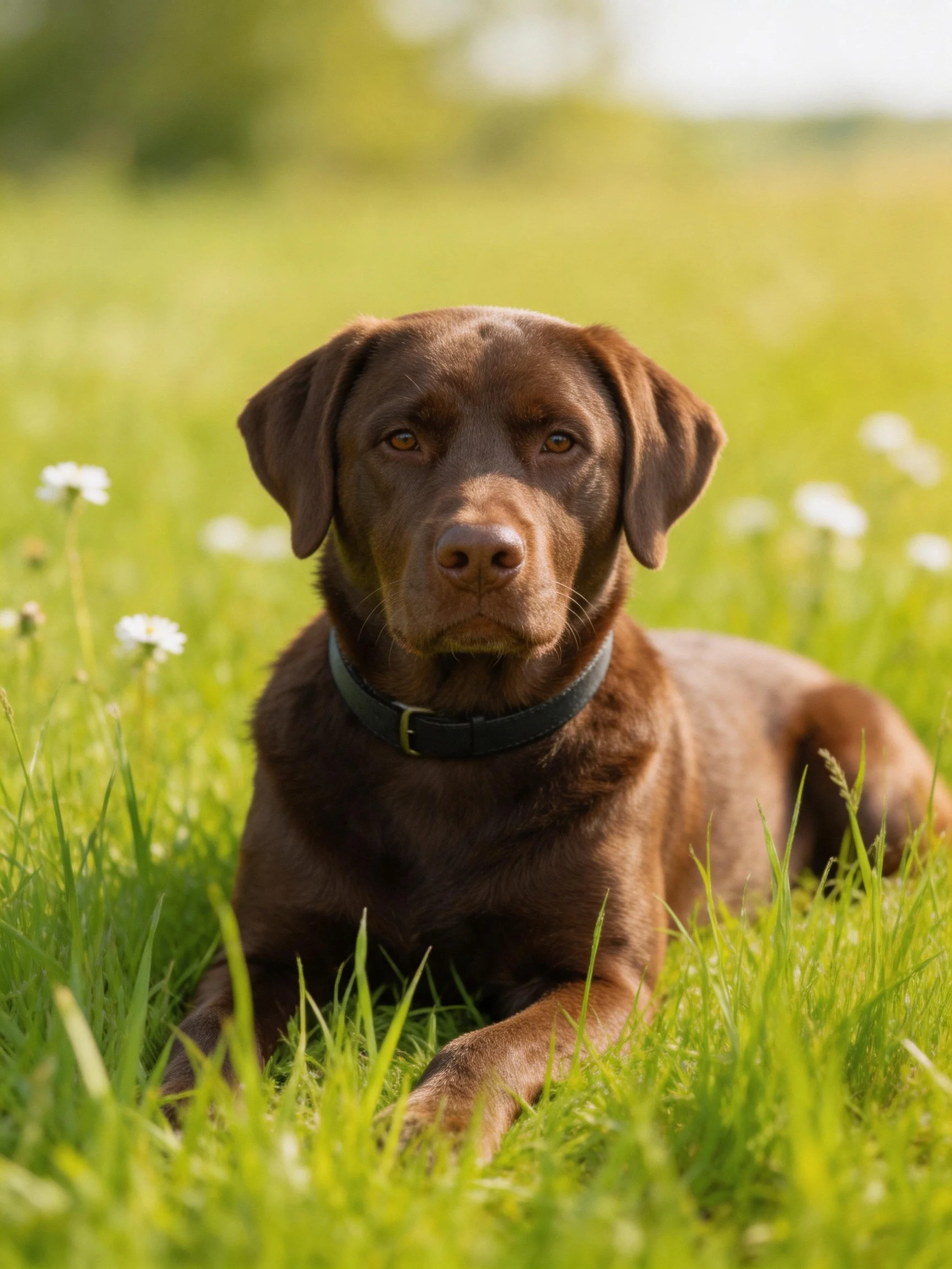 A chocolate Labrador rests in a sunlit green meadow with white wildflowers
