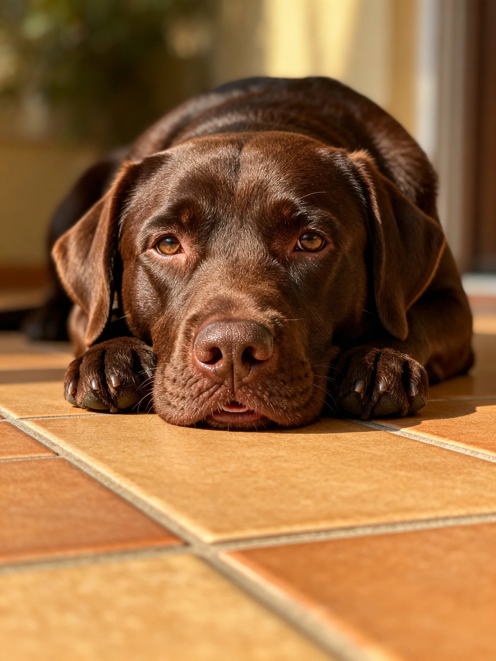 A chocolate Labrador rests on a warm-toned tiled floor in sunlight
