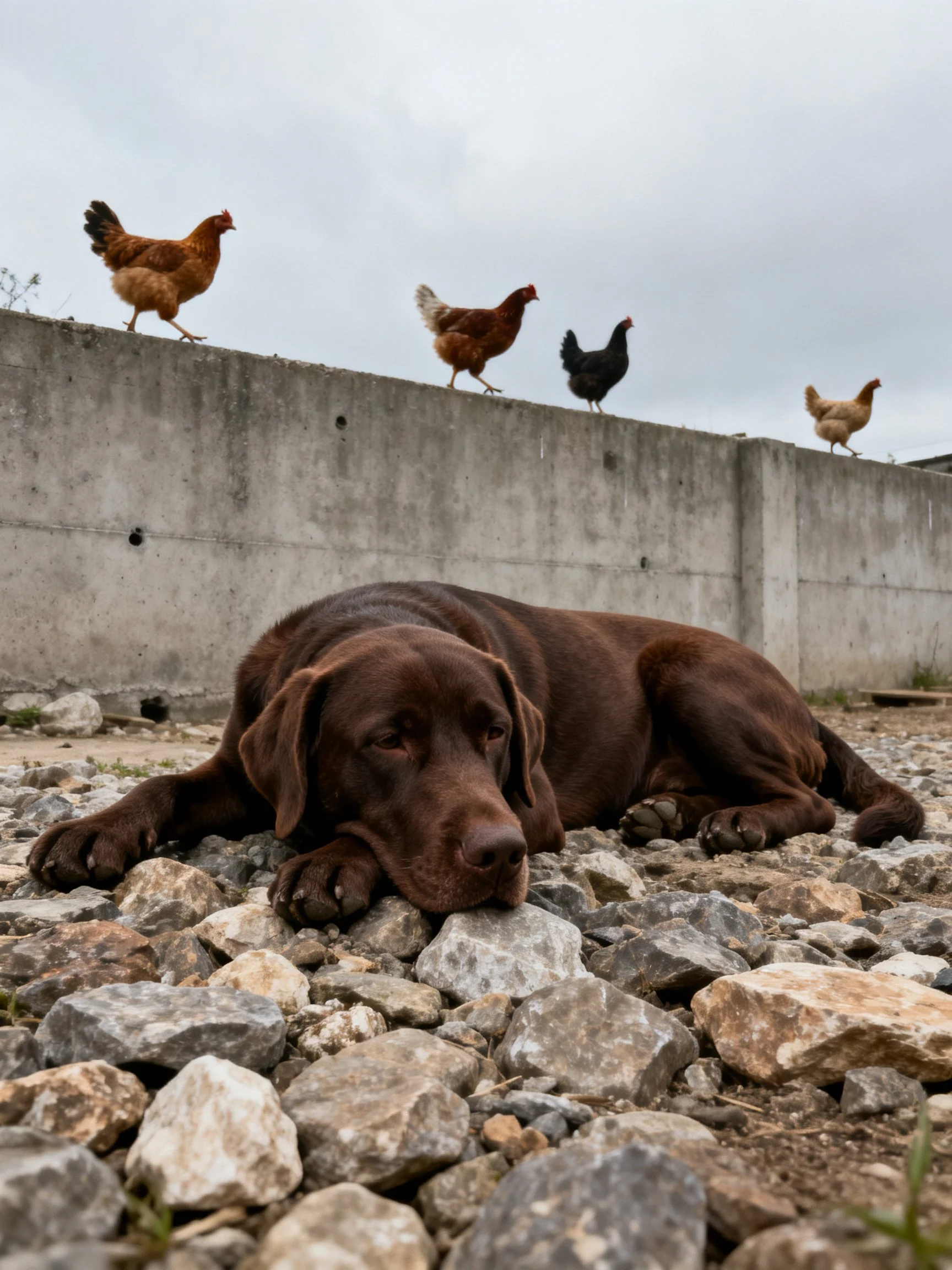 A chocolate Labrador rests on rocky ground near five chickens atop a concrete wall