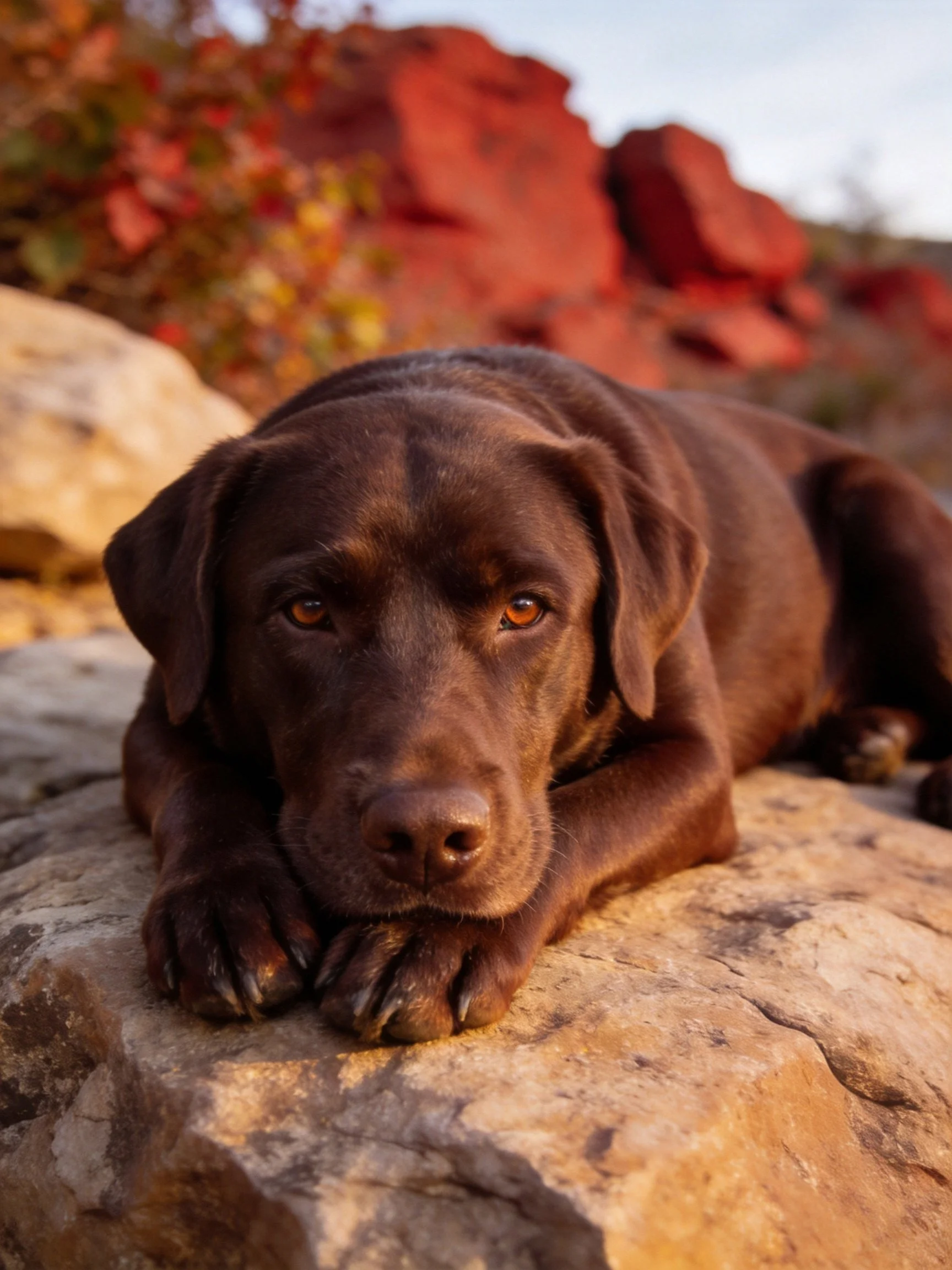 A chocolate Labrador rests on weathered rocks near red stone formations