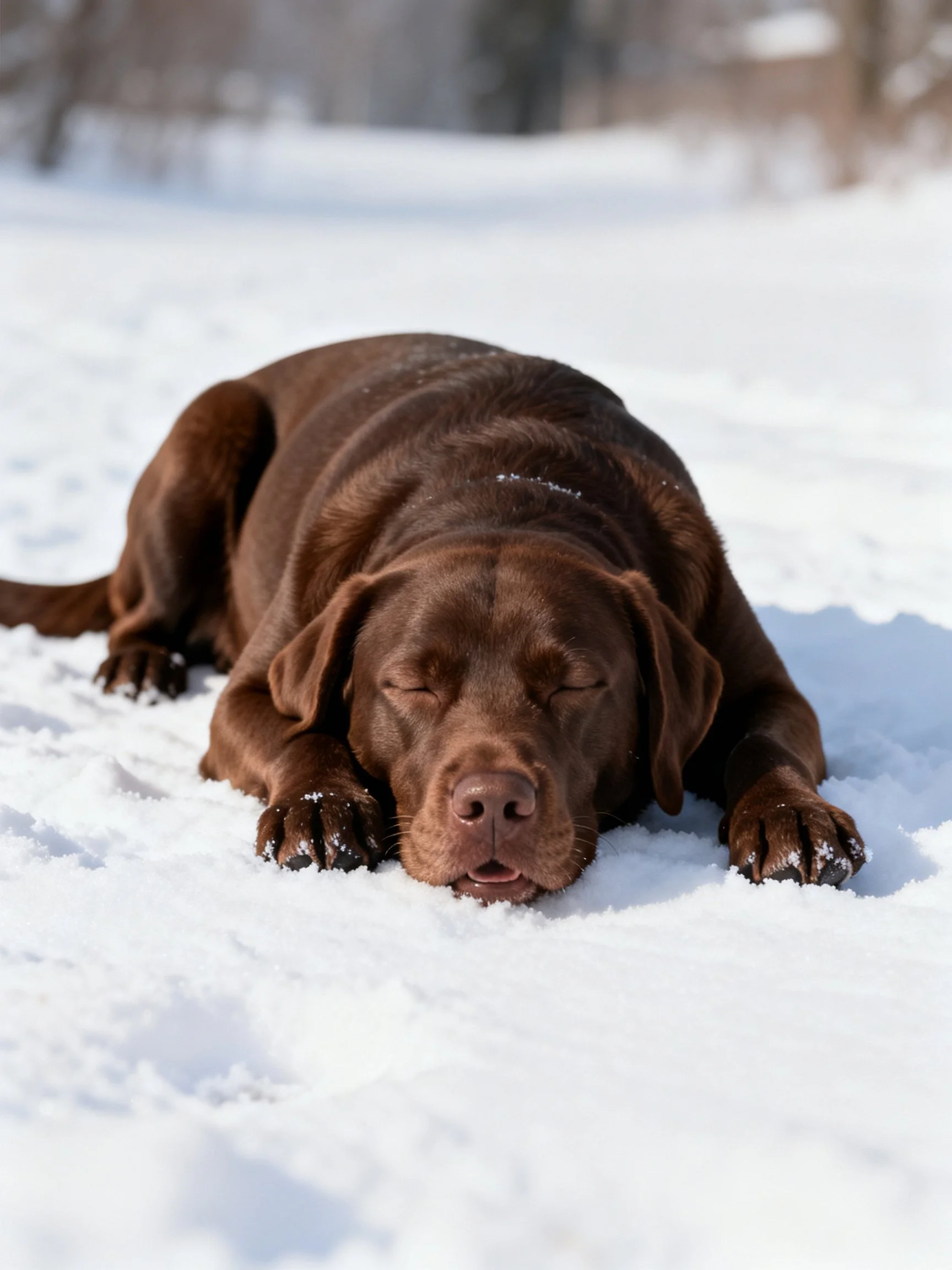 A chocolate Labrador rests peacefully in bright white snow