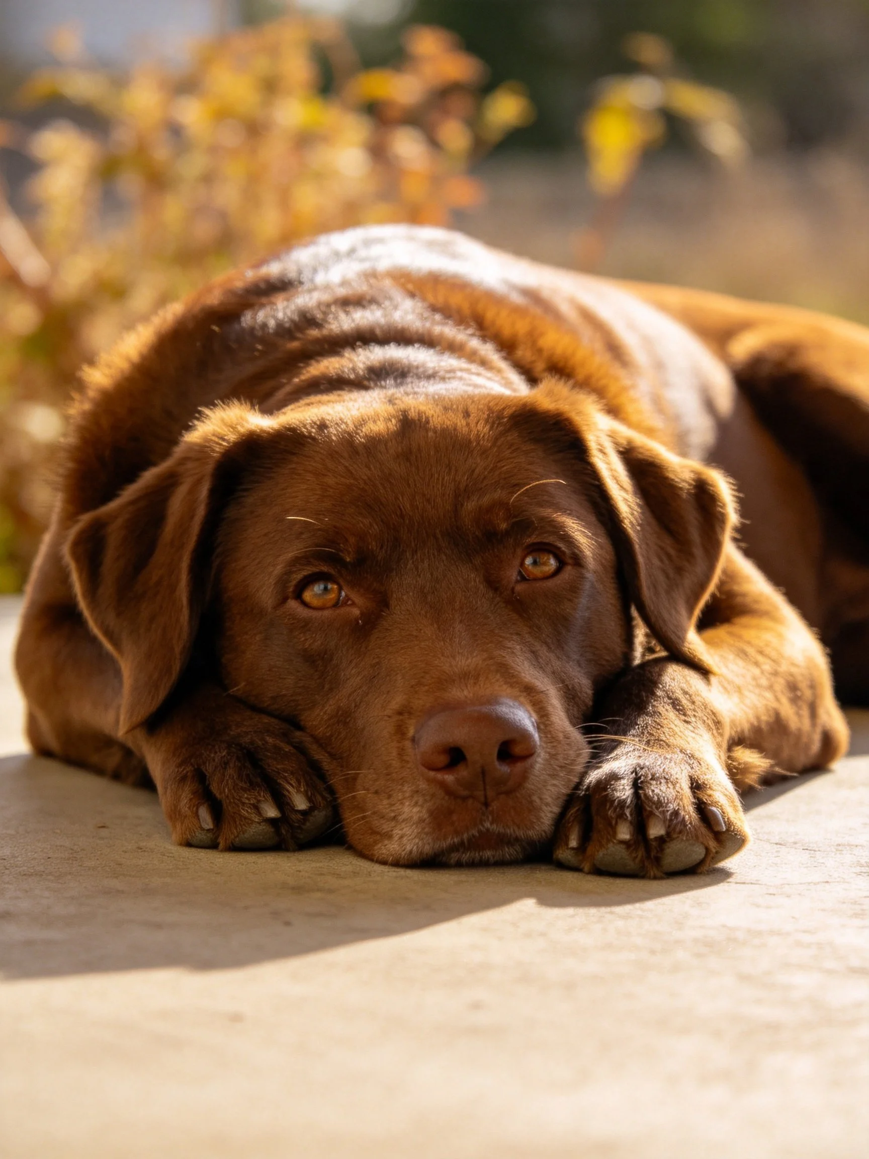 A chocolate Labrador rests peacefully on a smooth concrete surface with autumn foliage behind