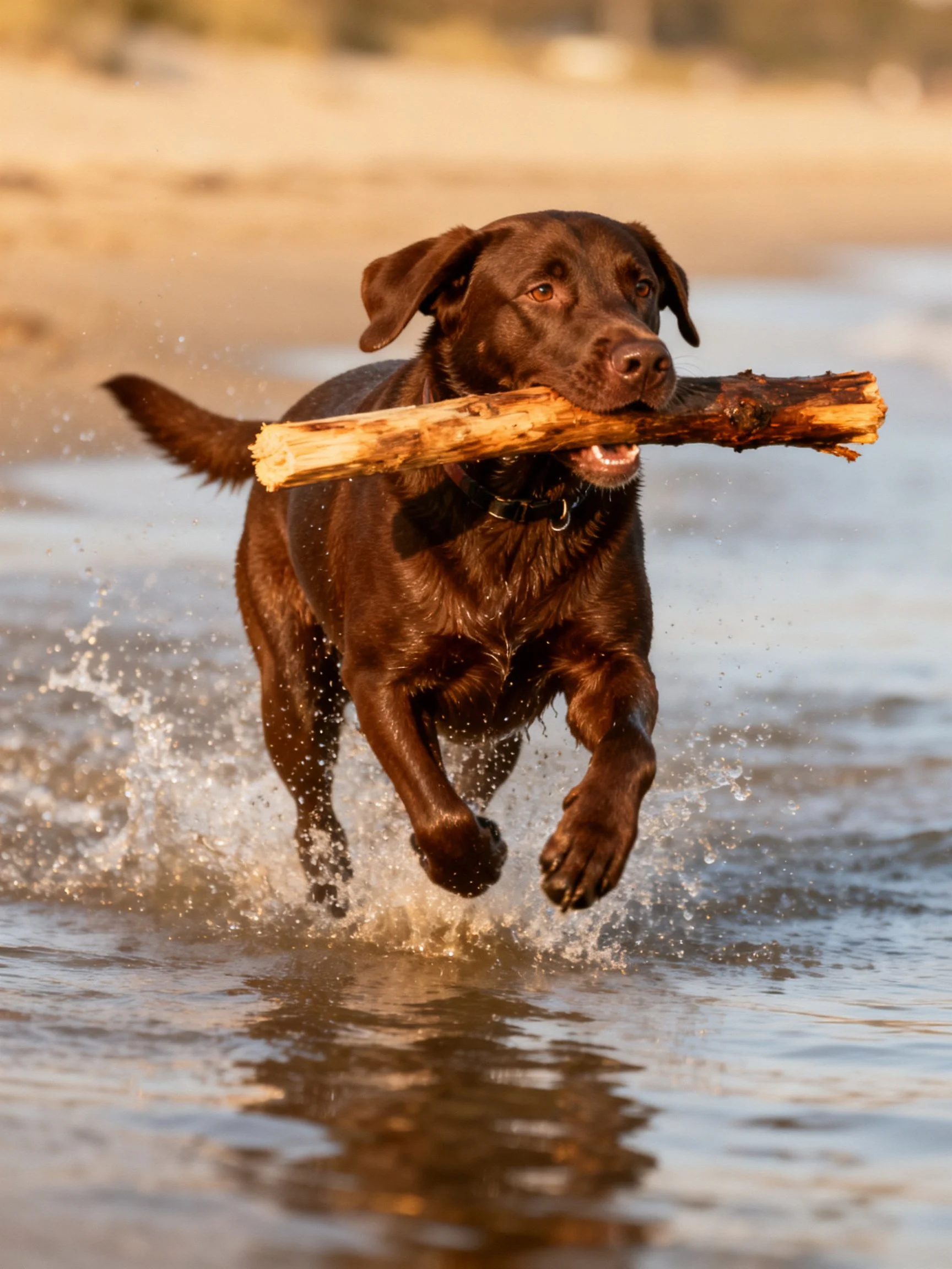 A chocolate Labrador retriever carries a large wooden stick on a sandy shore