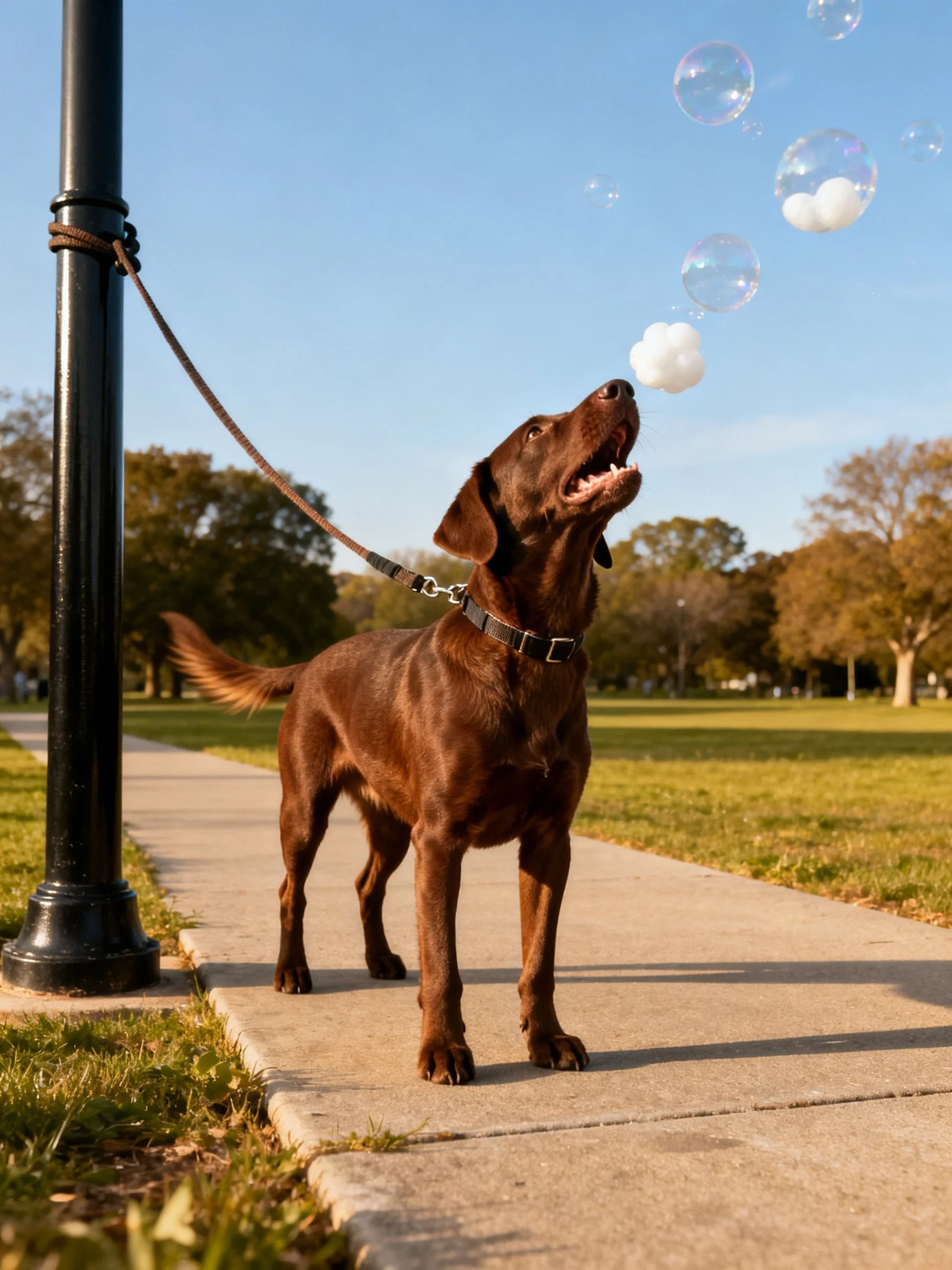 A chocolate Labrador retriever chasing soap bubbles near a lamppost