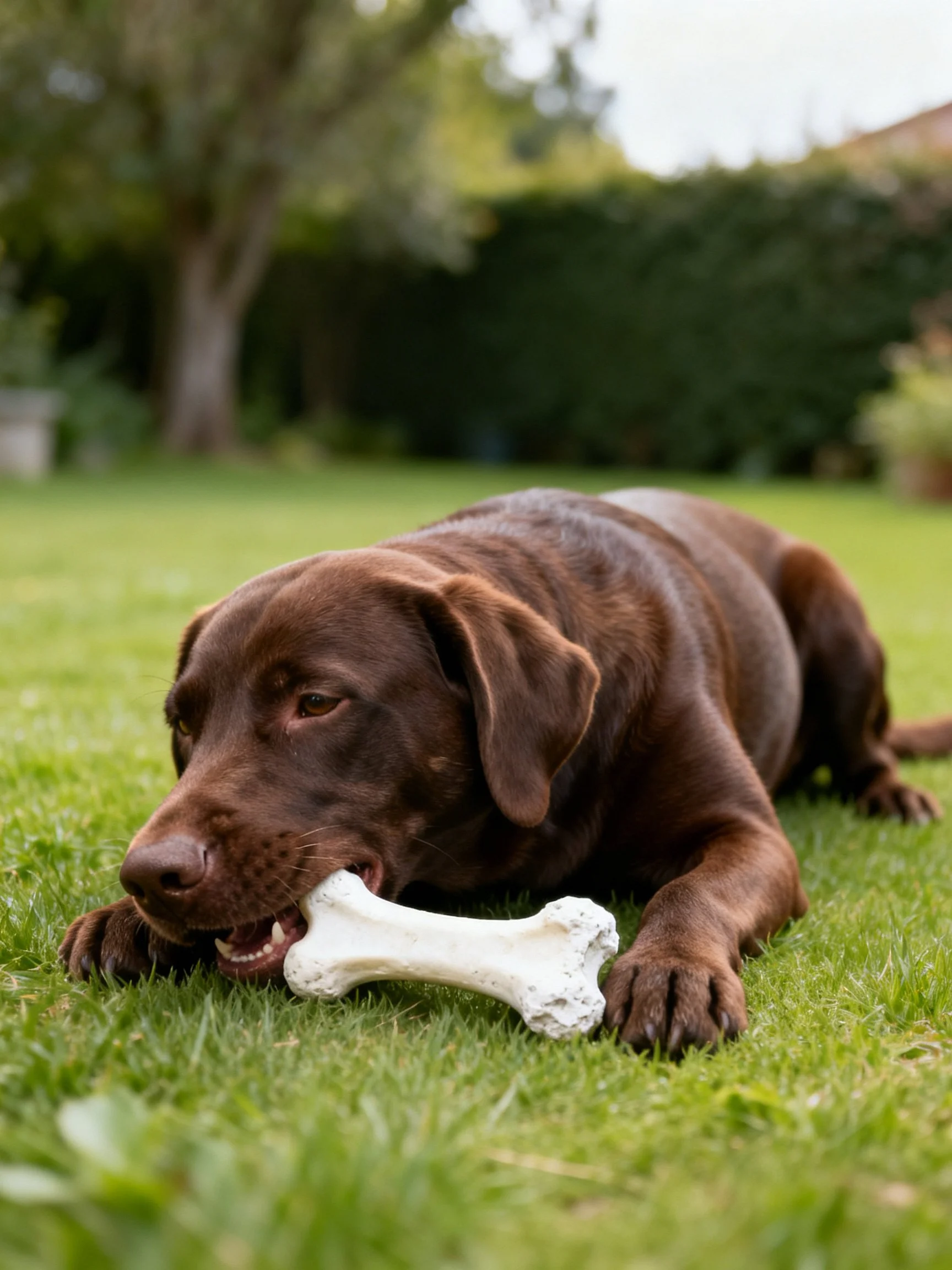 A chocolate Labrador retriever chews a large white bone on lush green grass