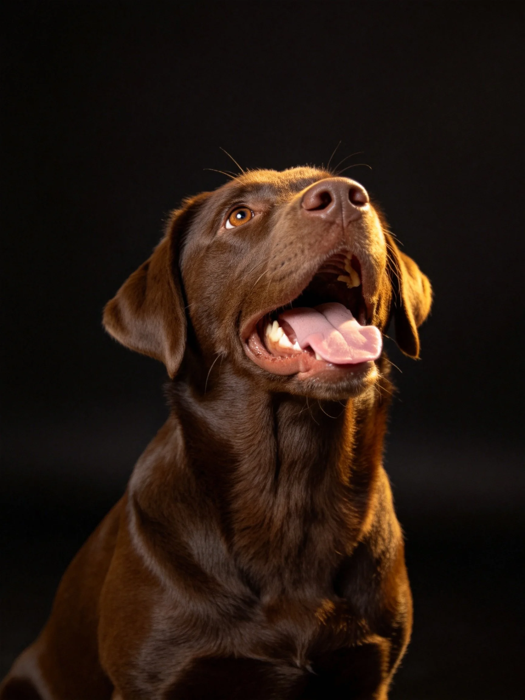 A chocolate Labrador retriever gazing upward with mouth open
