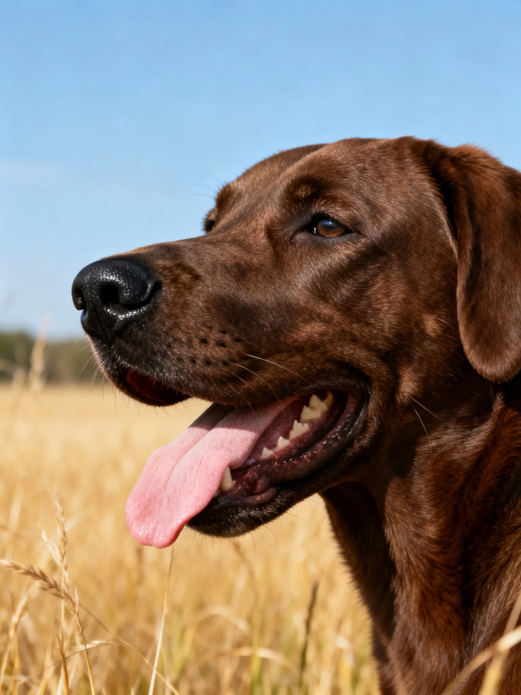 A chocolate Labrador retriever in a golden wheat field under clear blue sky