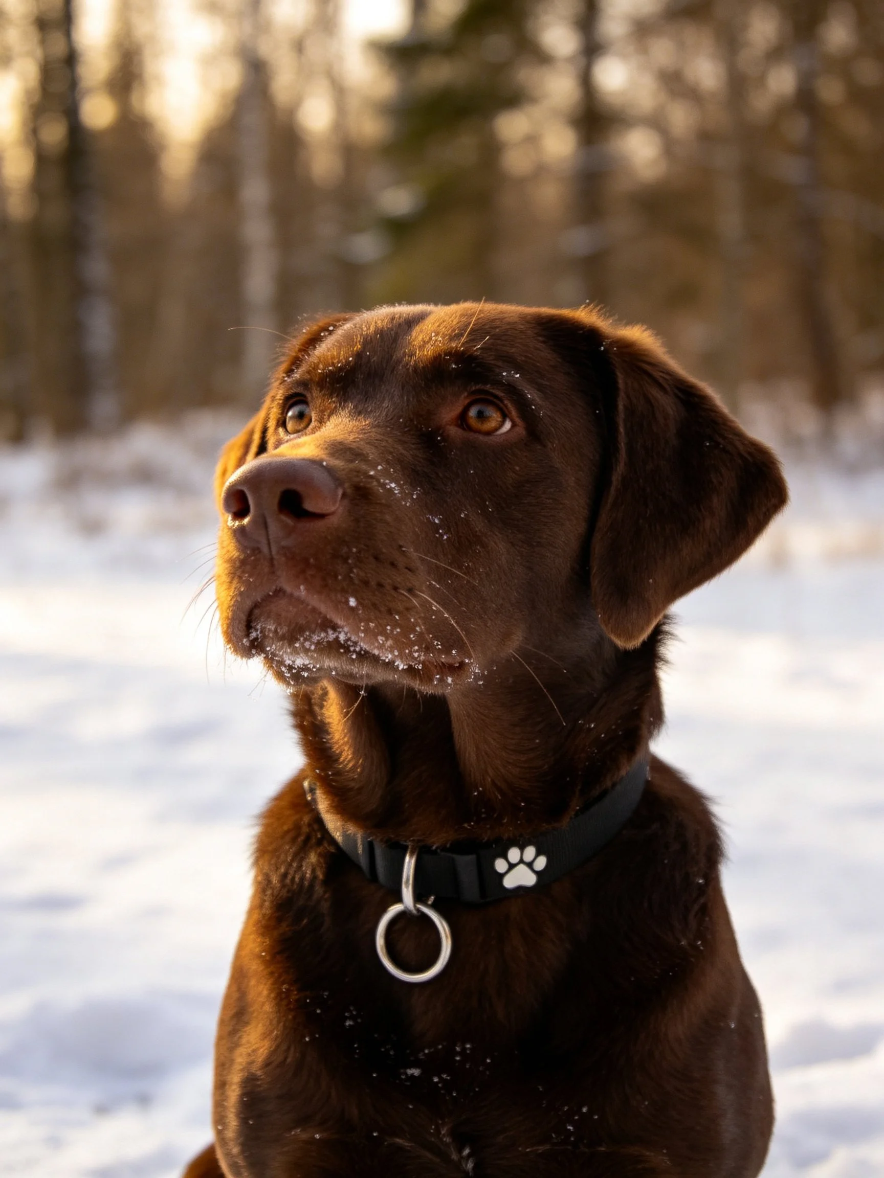 A chocolate Labrador retriever in a snowy forest landscape