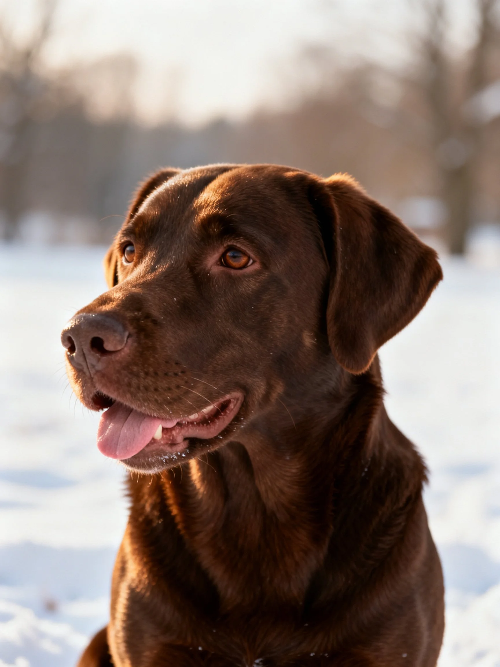 A chocolate Labrador retriever in a snowy outdoor scene