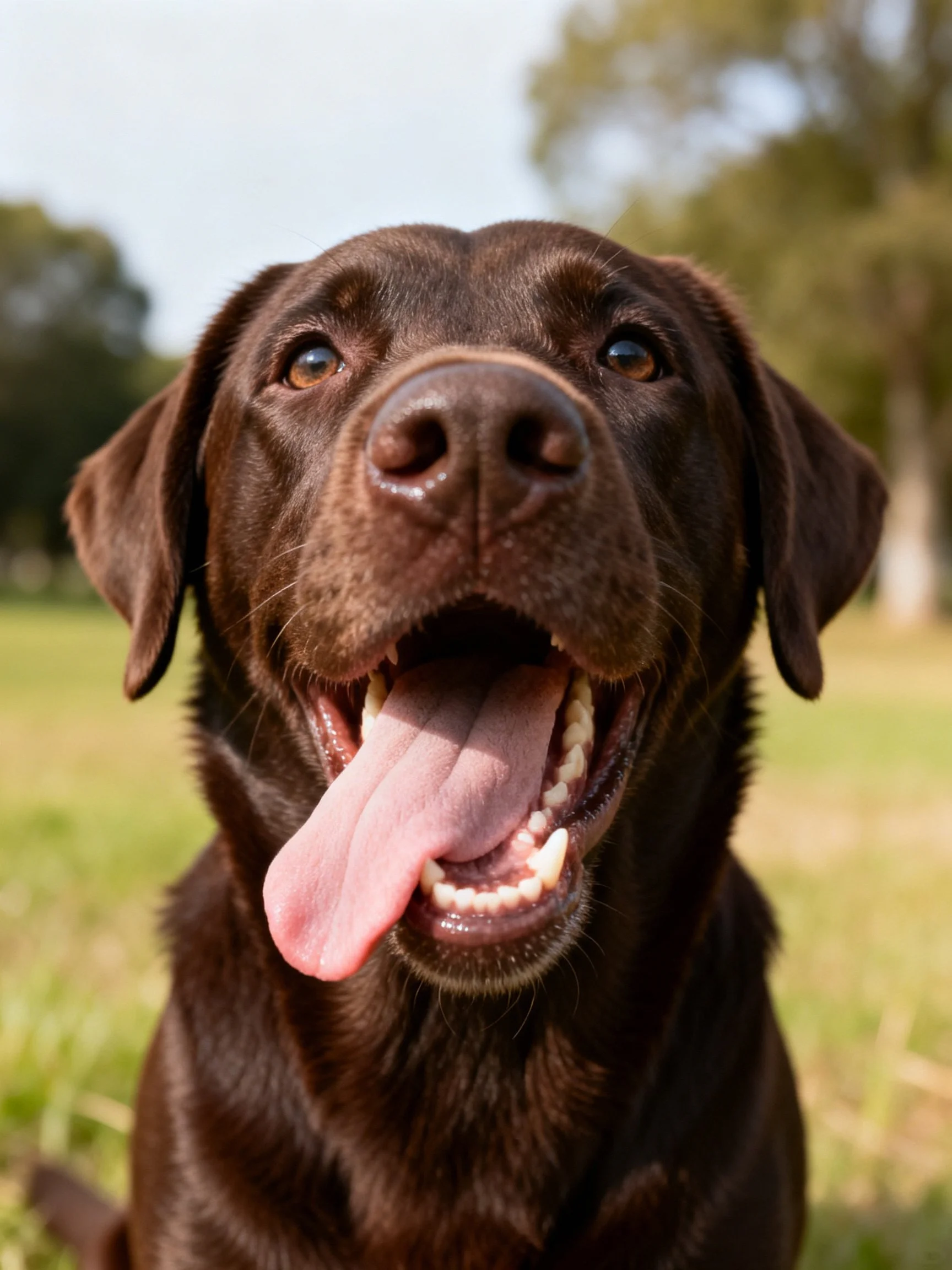 A chocolate Labrador retriever panting happily in a sunny park